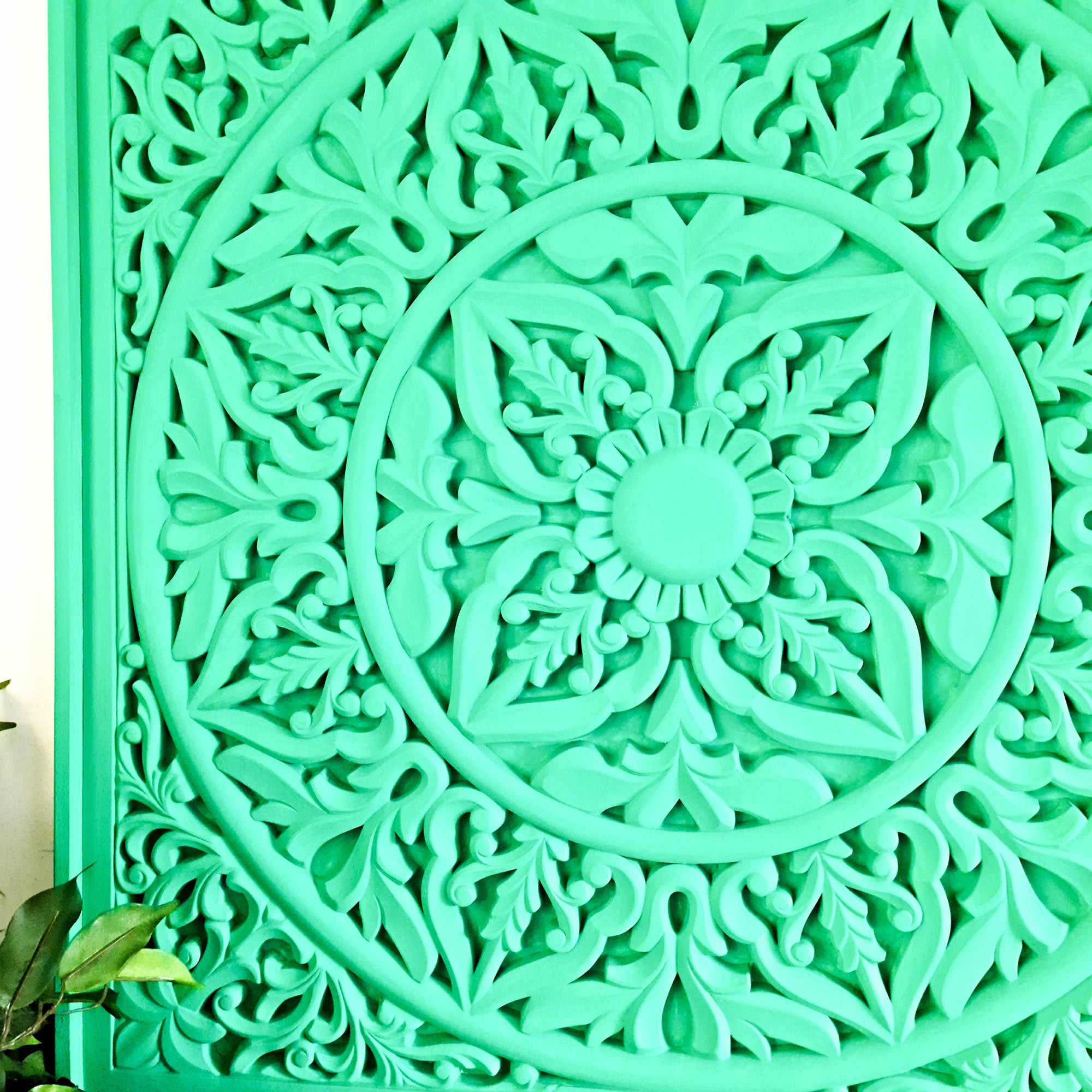 Simply Awesome, this bohemian boho-styled large carved mandala can be used in any room and will compliment the bohemian vibes. The Aqua Turquoise blue color is inviting yet subtle.