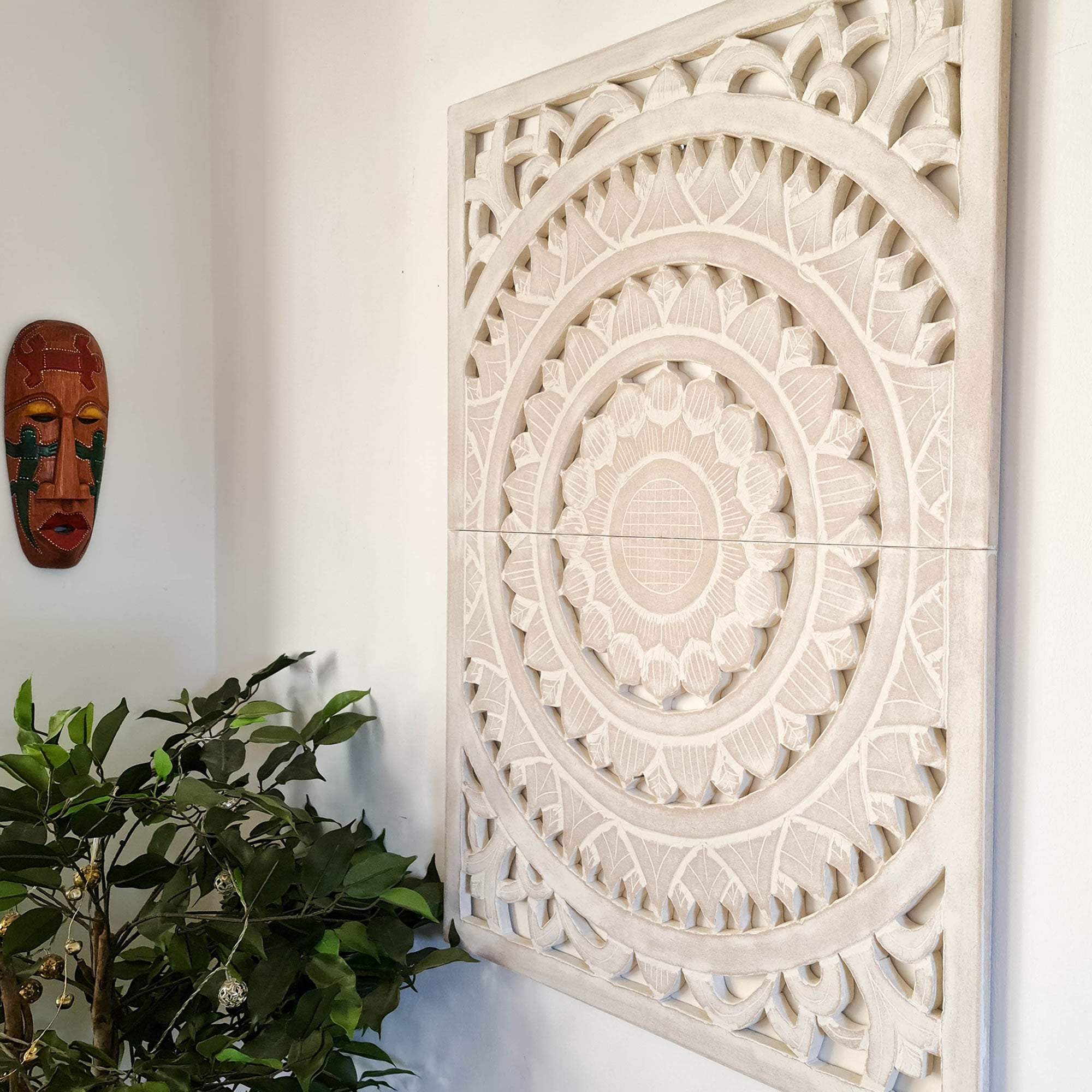 Carved Wooden Decorative Framed Mandala Panel Art Sculpture White Bohemian Hanging