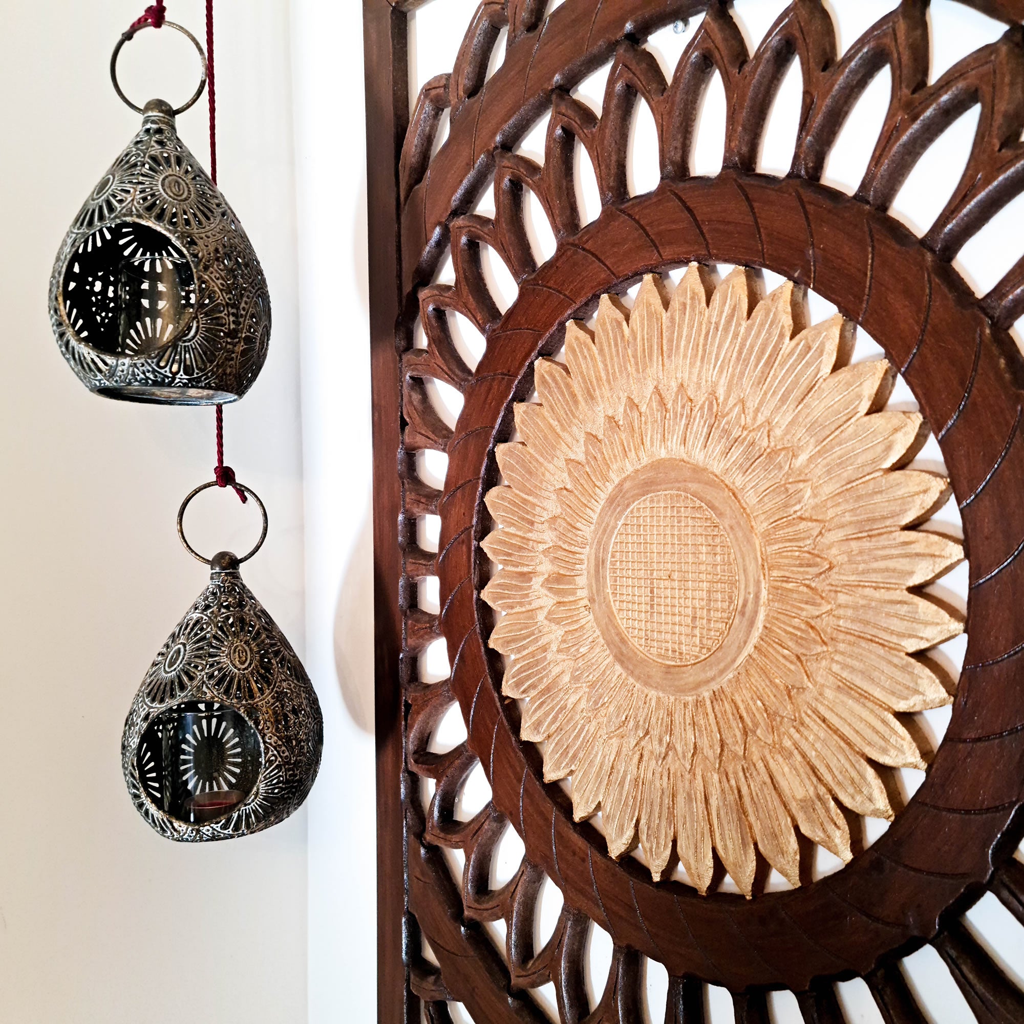 Discover Artistic Excellence: Golden Flower Hand-Carved Wooden Wall Art. Crafted by skilled artisans, each piece is unique, adding a touch of elegance to any living space.