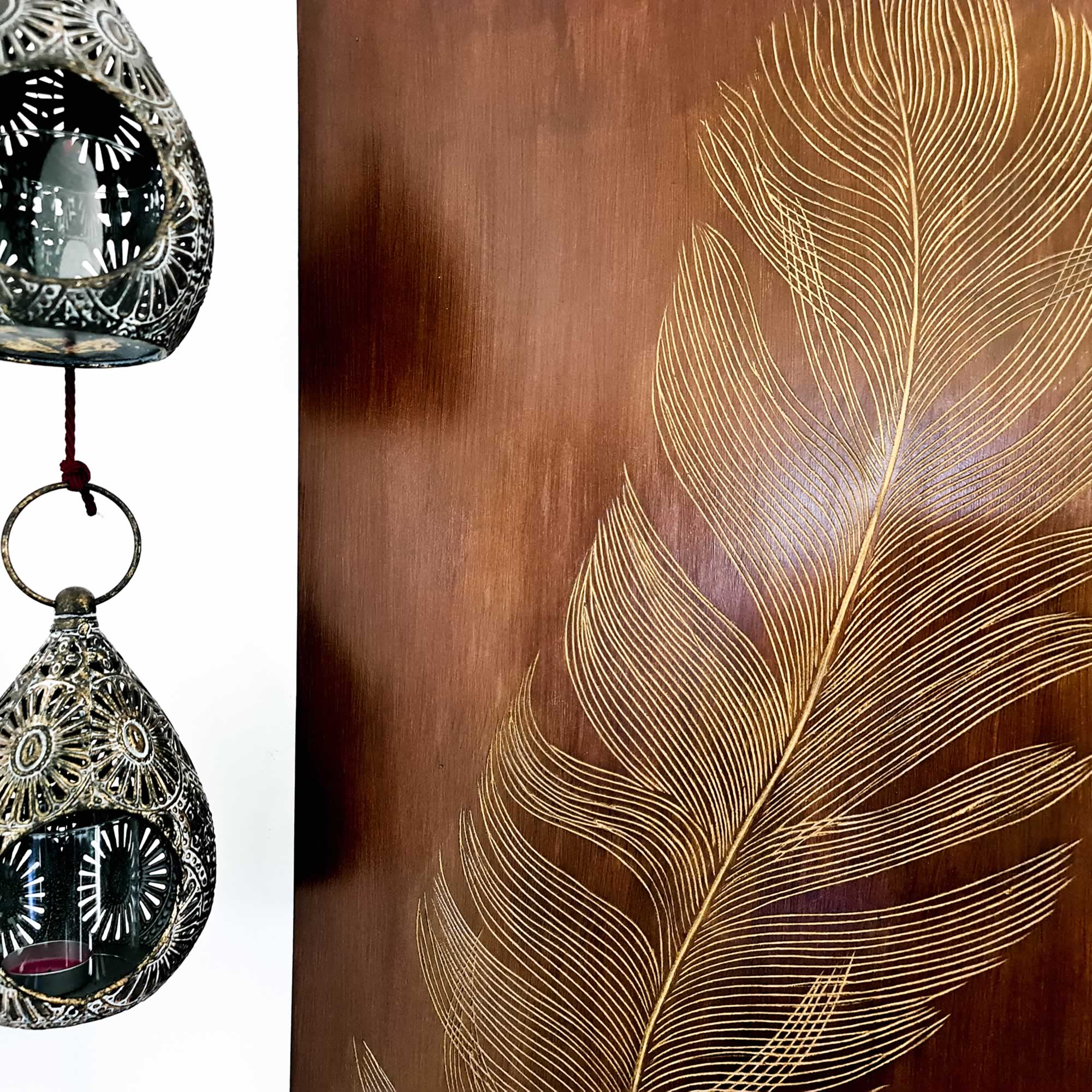 Golden Feather - Hand Carved Wooden Decorative Wall Art Sculpture Bohemian Wall Room Hanging Decor Easternada