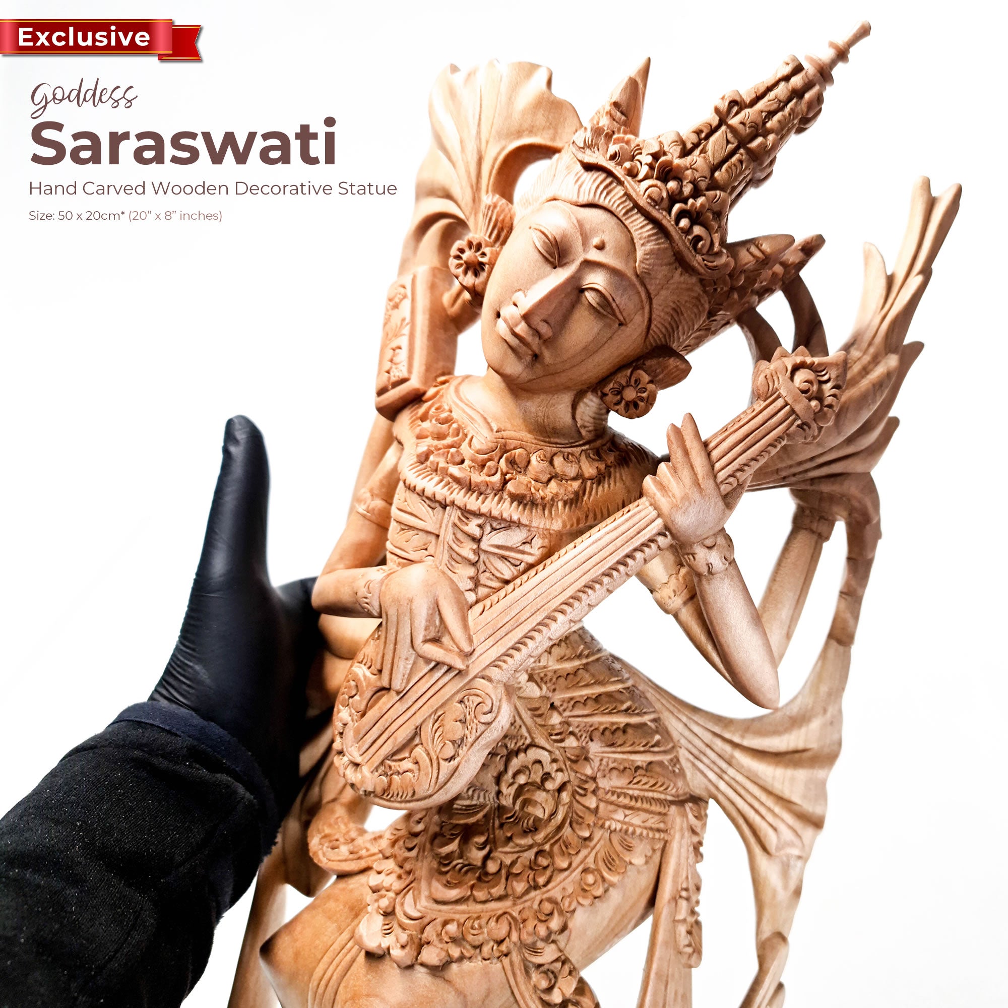 Saraswati Goddess Hand-carved wooden Sculpture Art Hindu Mandir Pooja