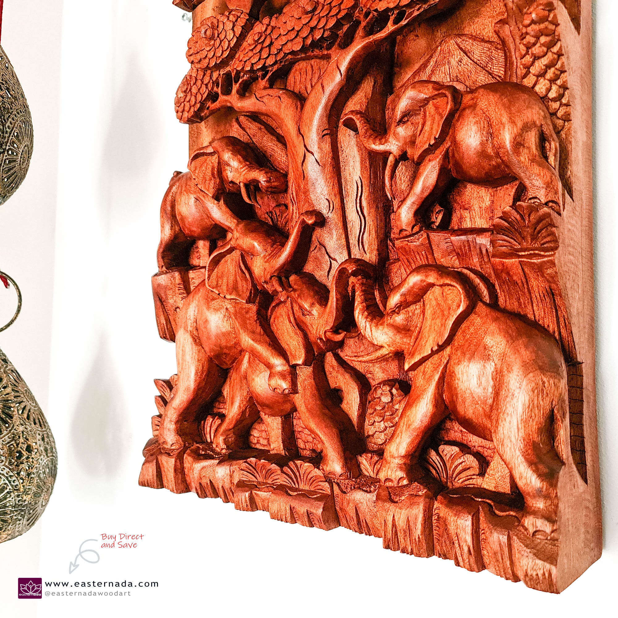 African Elephants by Oak Hand-Carved Wooden Room Decorative Art Sculpture Unique Gift