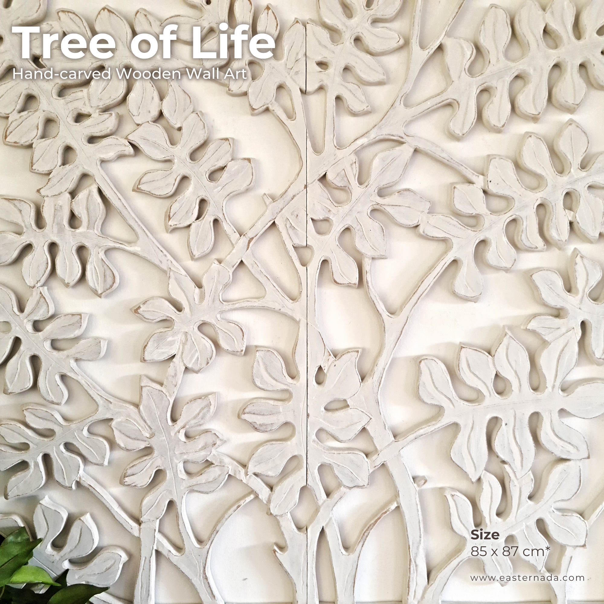 Hand Carved Tree of Life Wooden Sculpture Wall Art Hanging - Distressed Rustic White Shabby Chic Bohemian Boho Style Unique Gift.