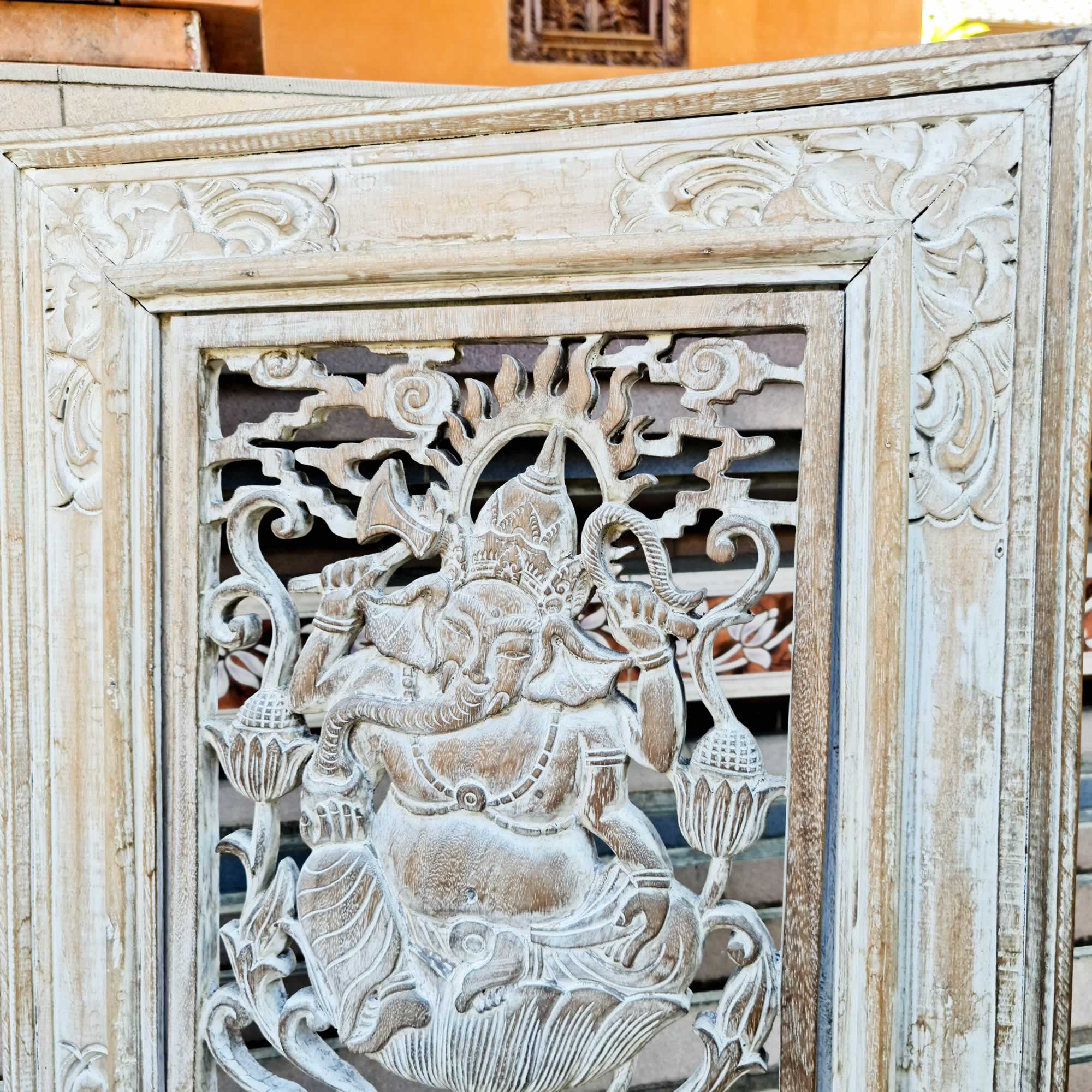 Hand-carved Distressed White Antique Style Decorative Wall Art Sculpture Ganesha Hindu Mandir