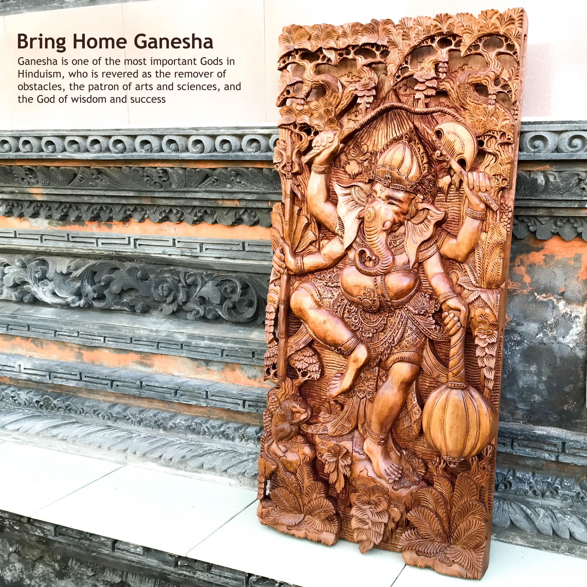 Hindu God Ganesha Hand-Carved Teakwood Decorative Sculpture Mandir Wall Art