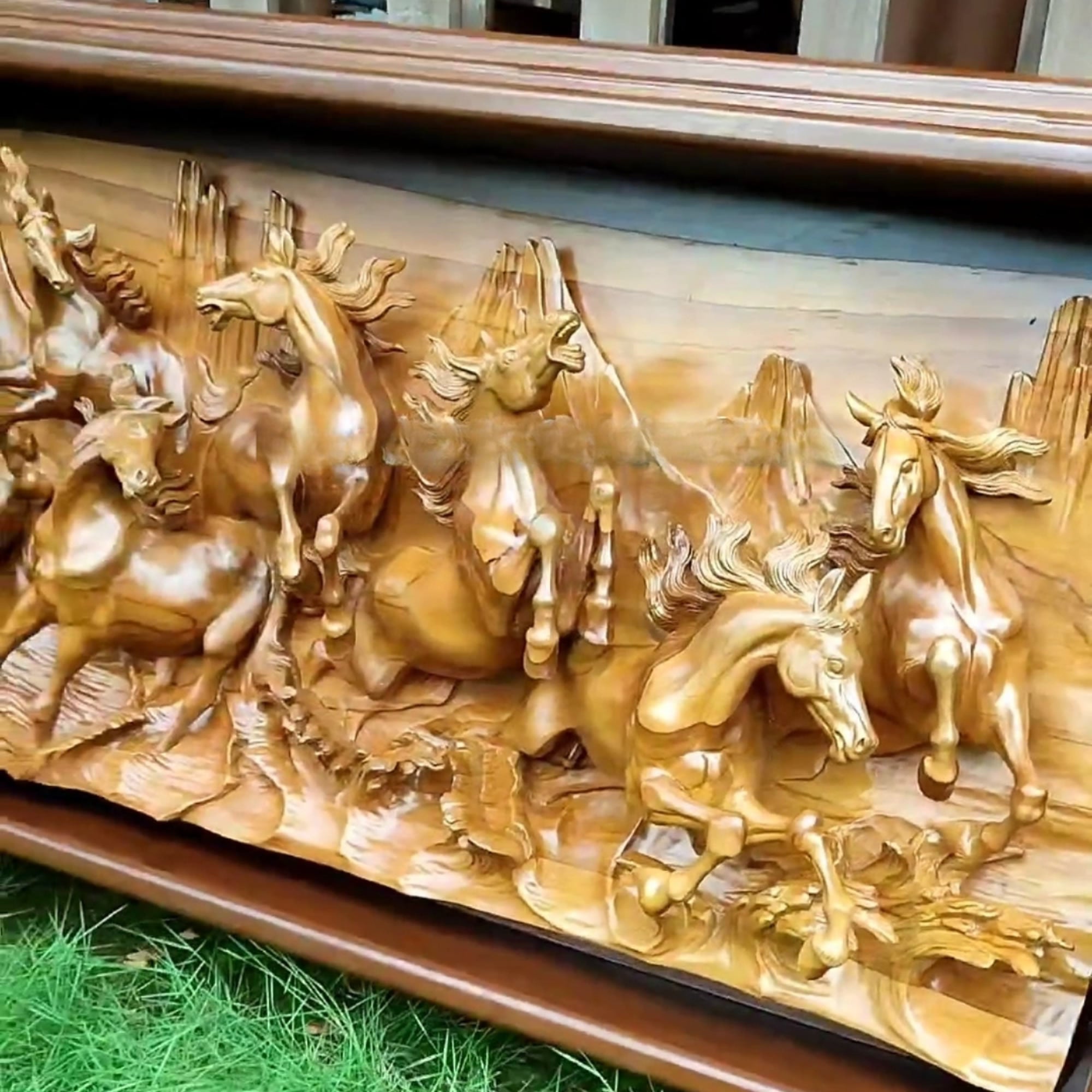 Extra large king-size teakwood hand-carved running wild horses sculpture art for a perfect backdrop in any room, hallway or as a headboard.