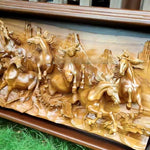 Extra large king-size teakwood hand-carved running wild horses sculpture art for a perfect backdrop in any room, hallway or as a headboard.