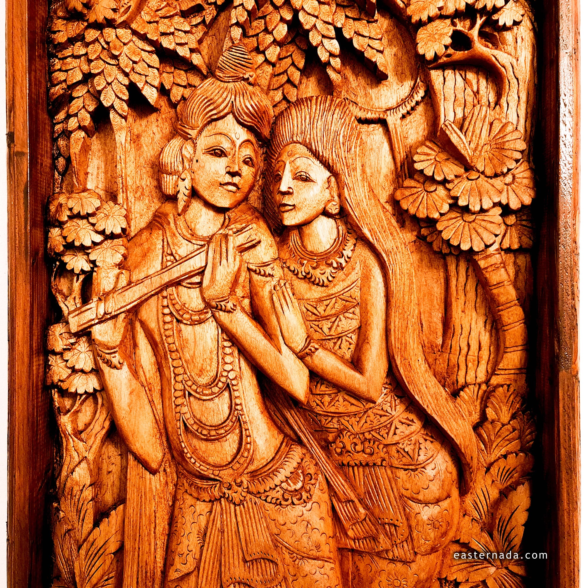 Radha Krishna Hindu God Mandir - Hand Carved Teakwood Decorative Long Wall Art Sculpture