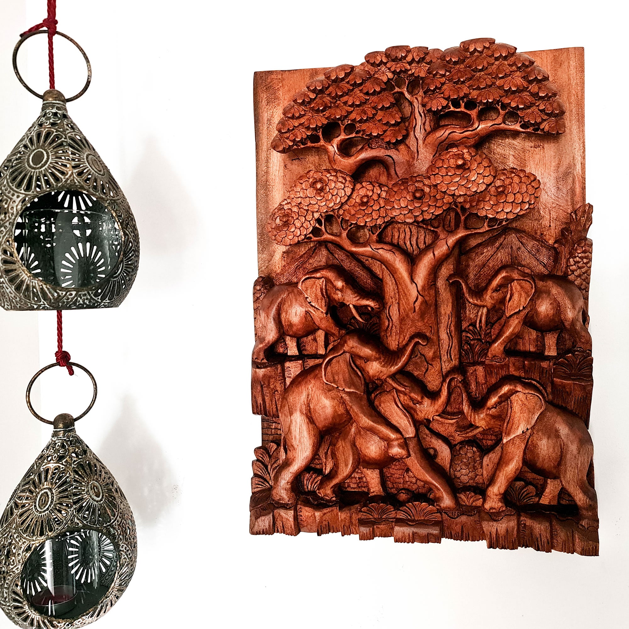 African Elephants by Oak Hand-Carved Wooden Room Decorative Art Sculpture Unique Gift