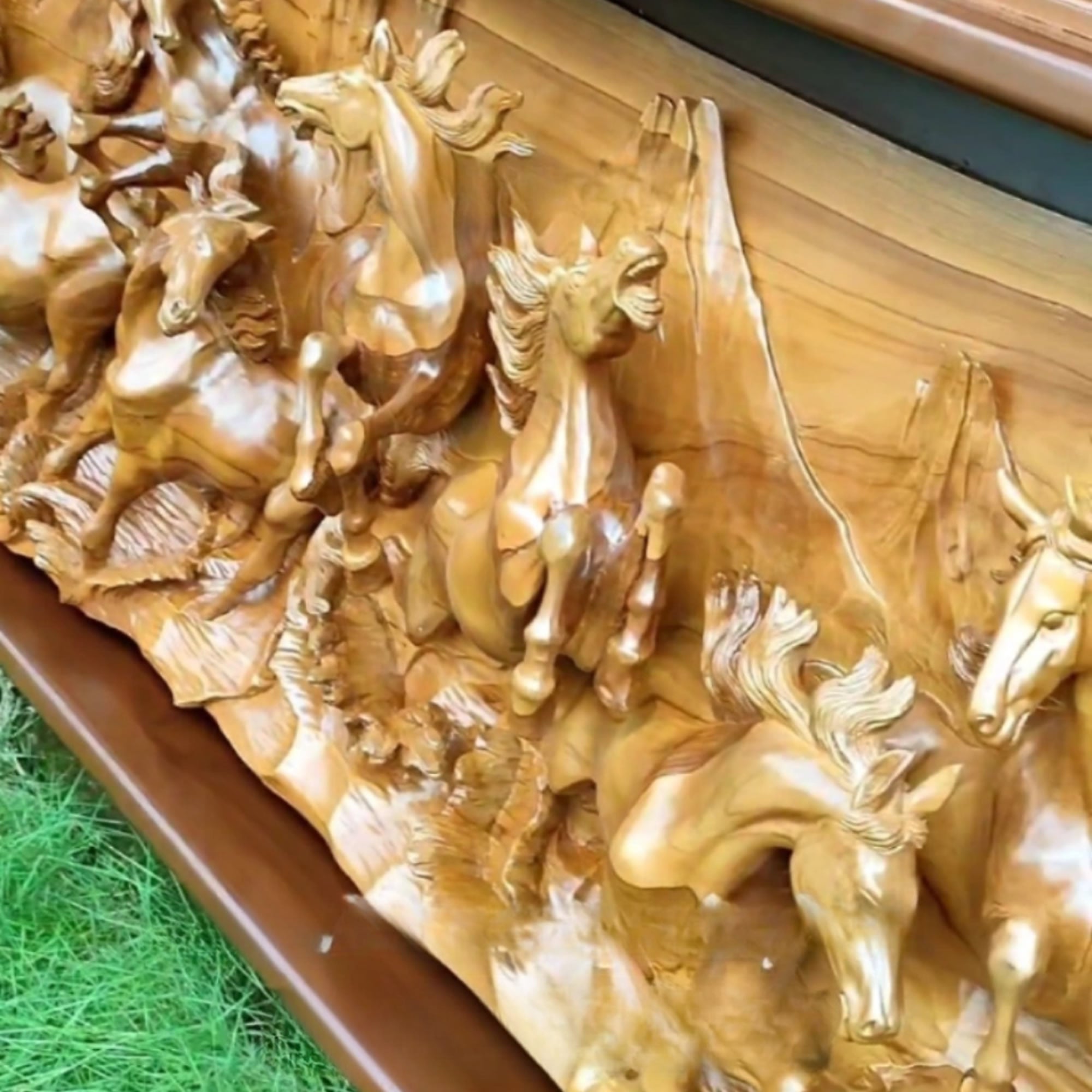 Extra large king-size teakwood hand-carved running wild horses sculpture art for a perfect backdrop in any room, hallway or as a headboard.