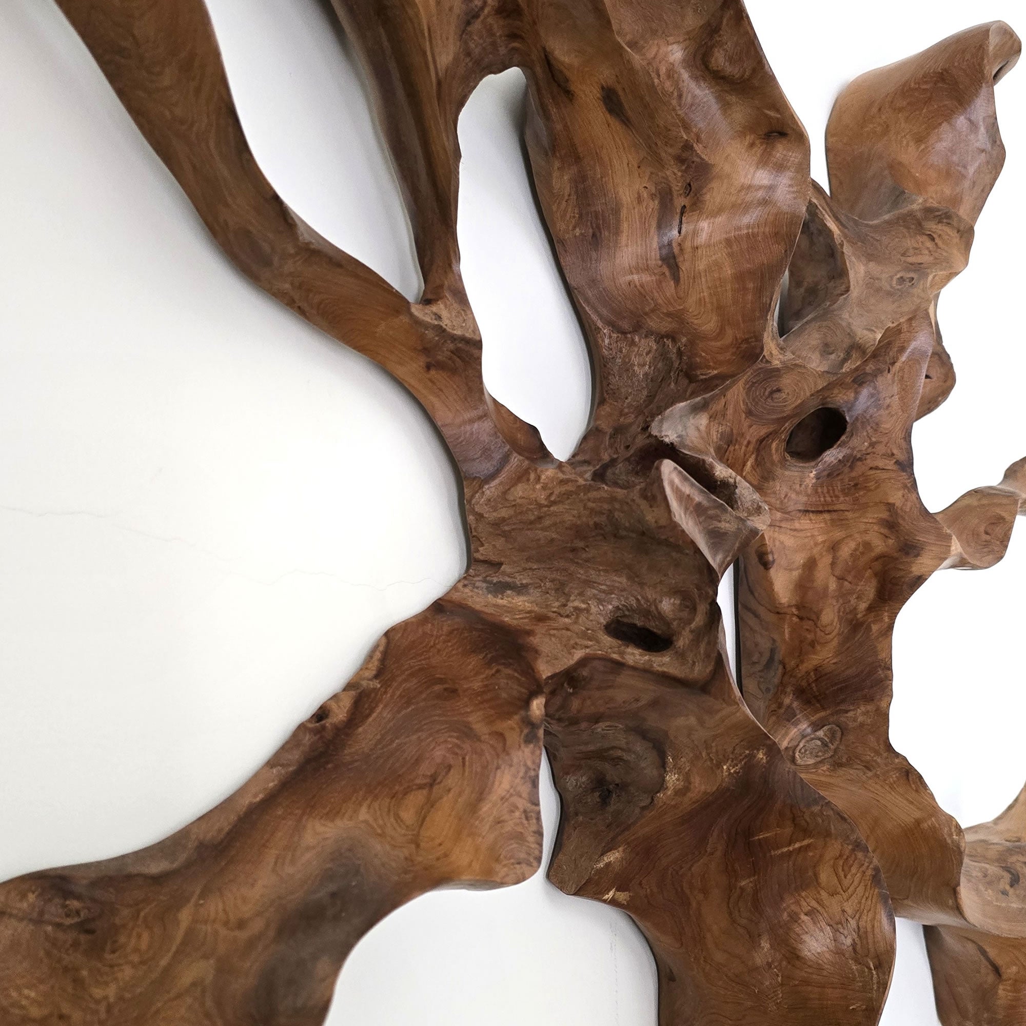 A unique teakwood root sculpture that serves as stunning wall art. This one-of-a-kind masterpiece will be the focal point in any room.