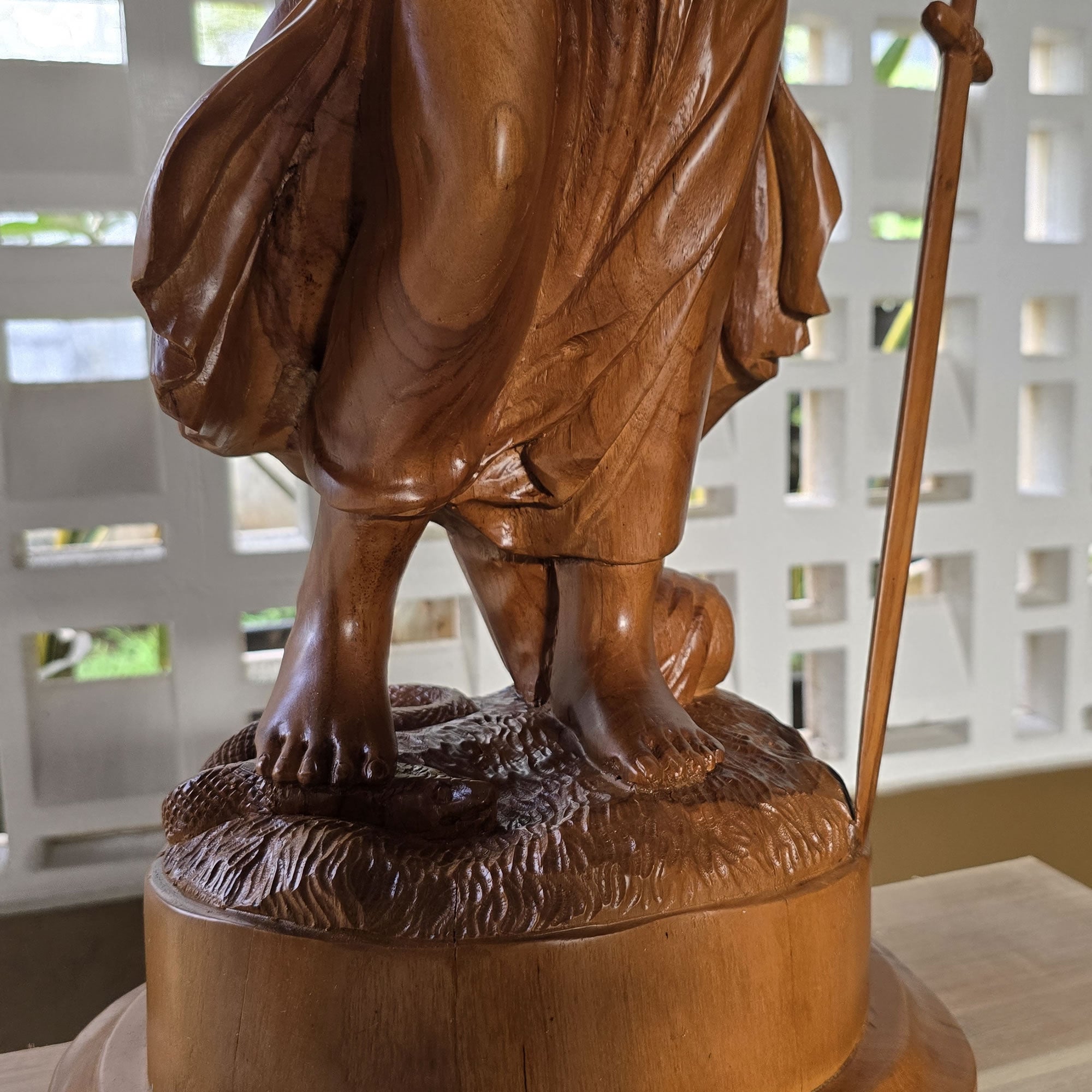 Hand-carved out of solid teakwood, this Lady Justice Greek Goddess sculpture is unique and rare.