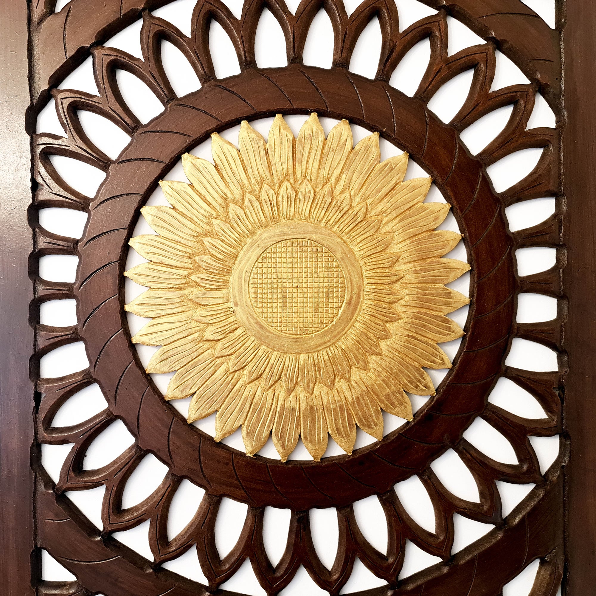 Discover Artistic Excellence: Golden Flower Hand-Carved Wooden Wall Art. Crafted by skilled artisans, each piece is unique, adding a touch of elegance to any living space.