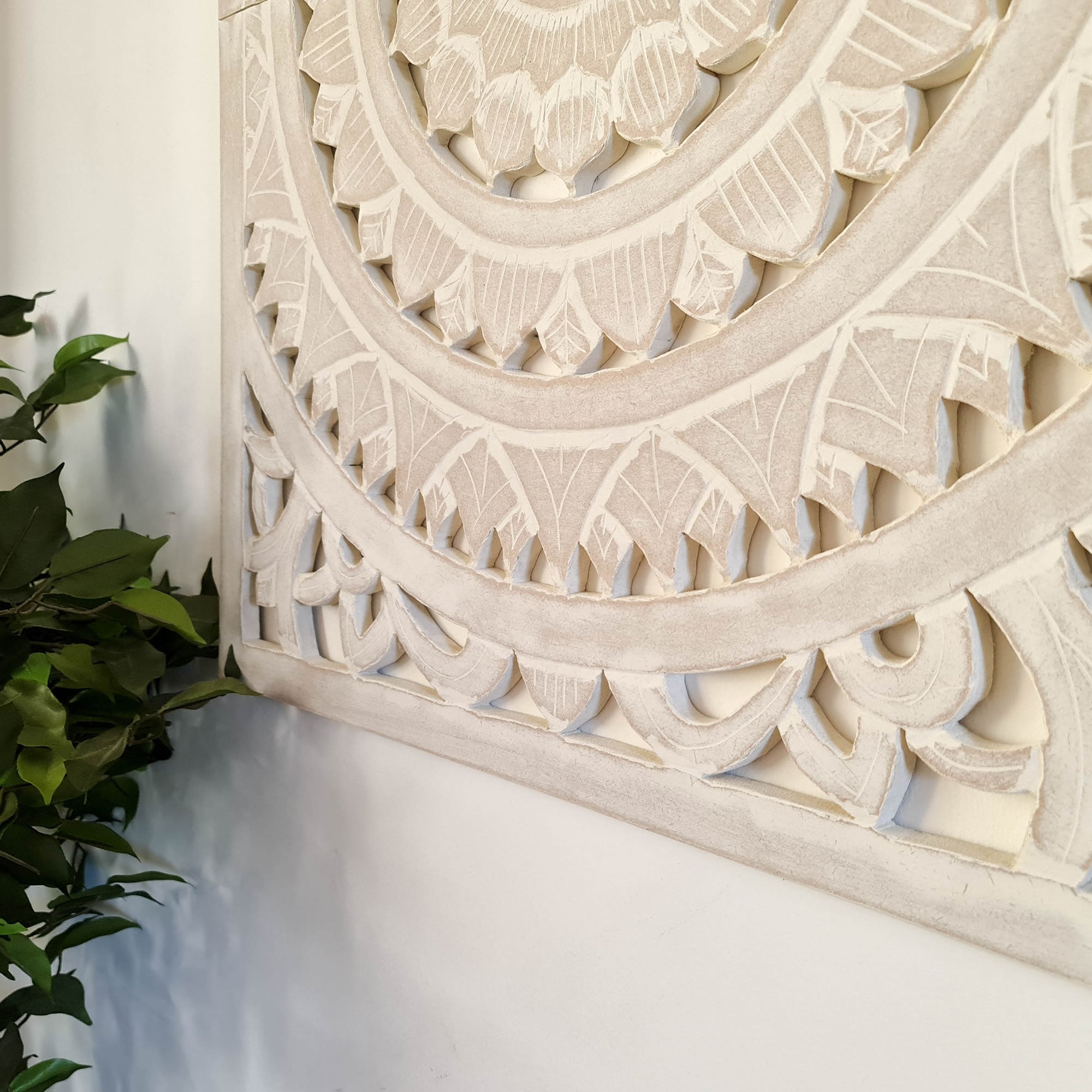 Carved Wooden Decorative Framed Mandala Panel Art Sculpture White Bohemian Hanging