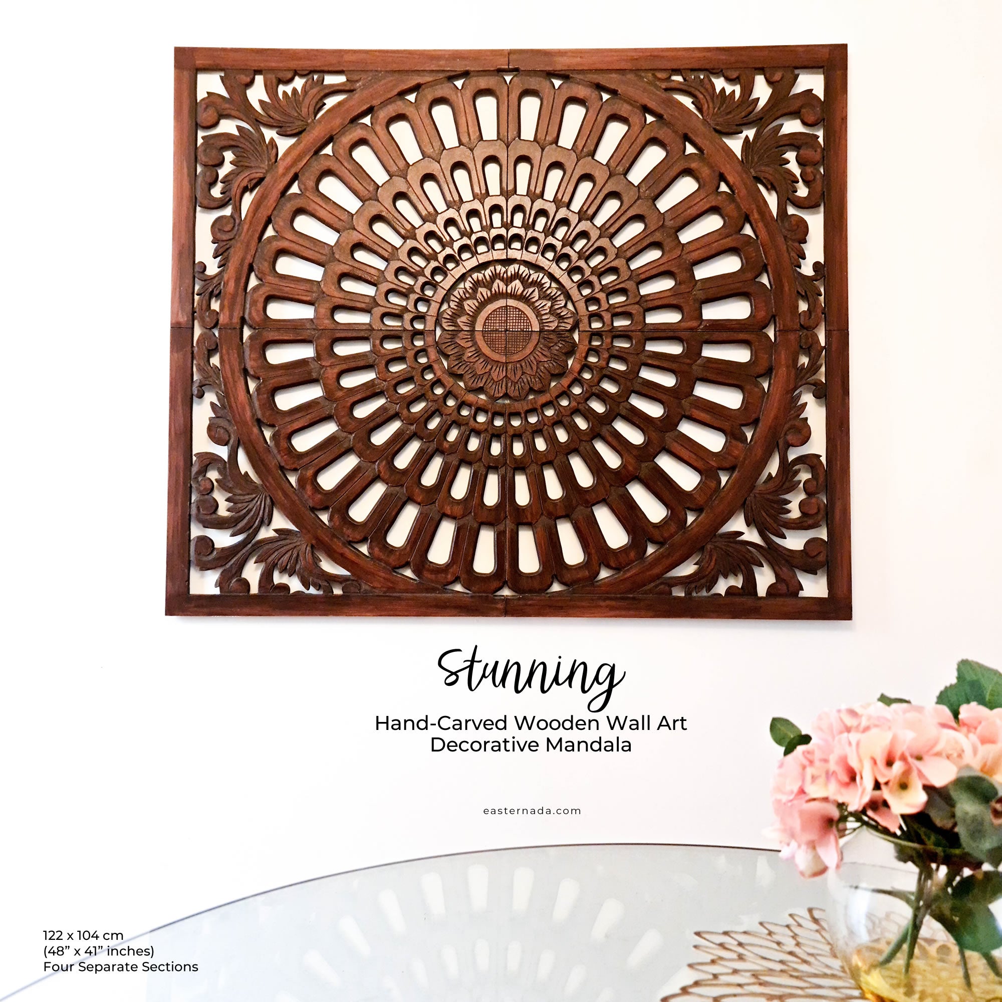 Stunning Large Hand-Carved Decorative Wooden Wall Art Mandala. This beauty is great for decorating your interior walls for an eye-catching backdrop.