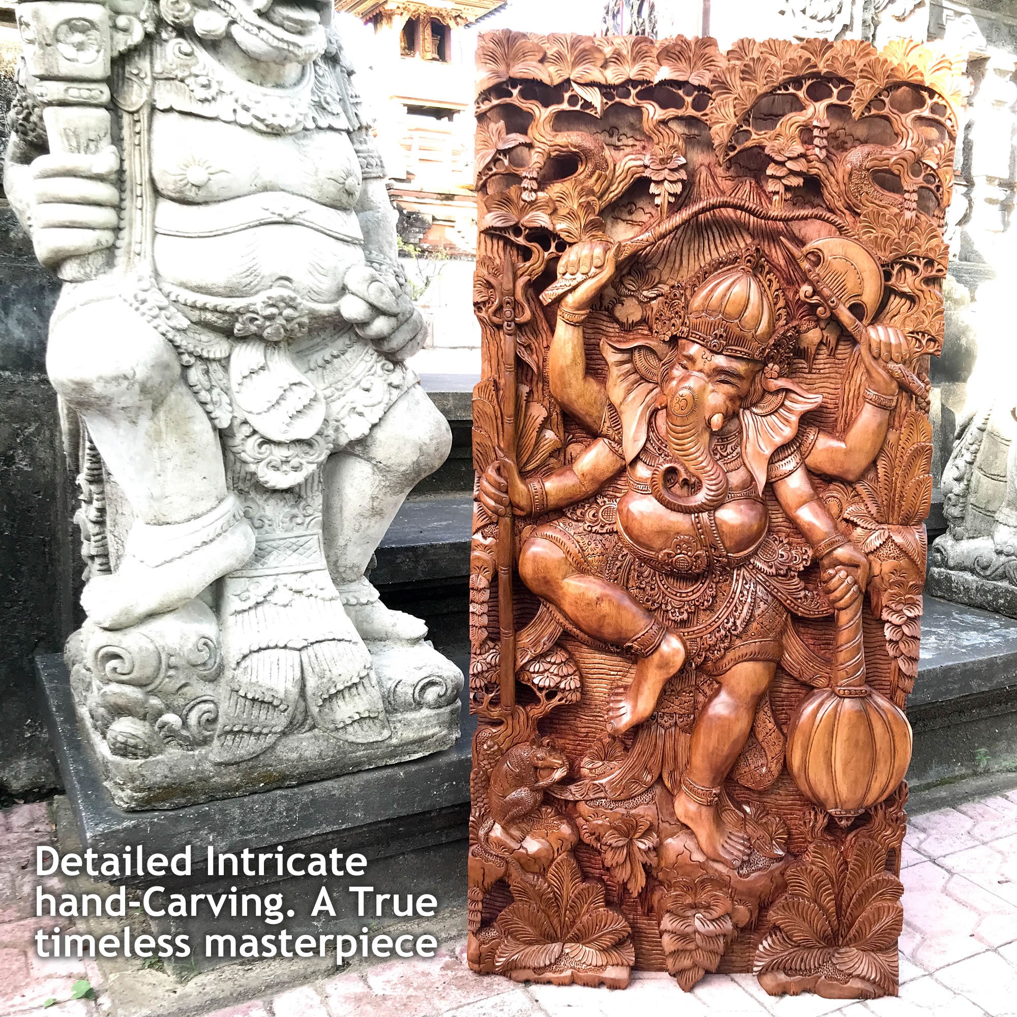 Hindu God Ganesha Hand-Carved Teakwood Decorative Sculpture Mandir Wall Art