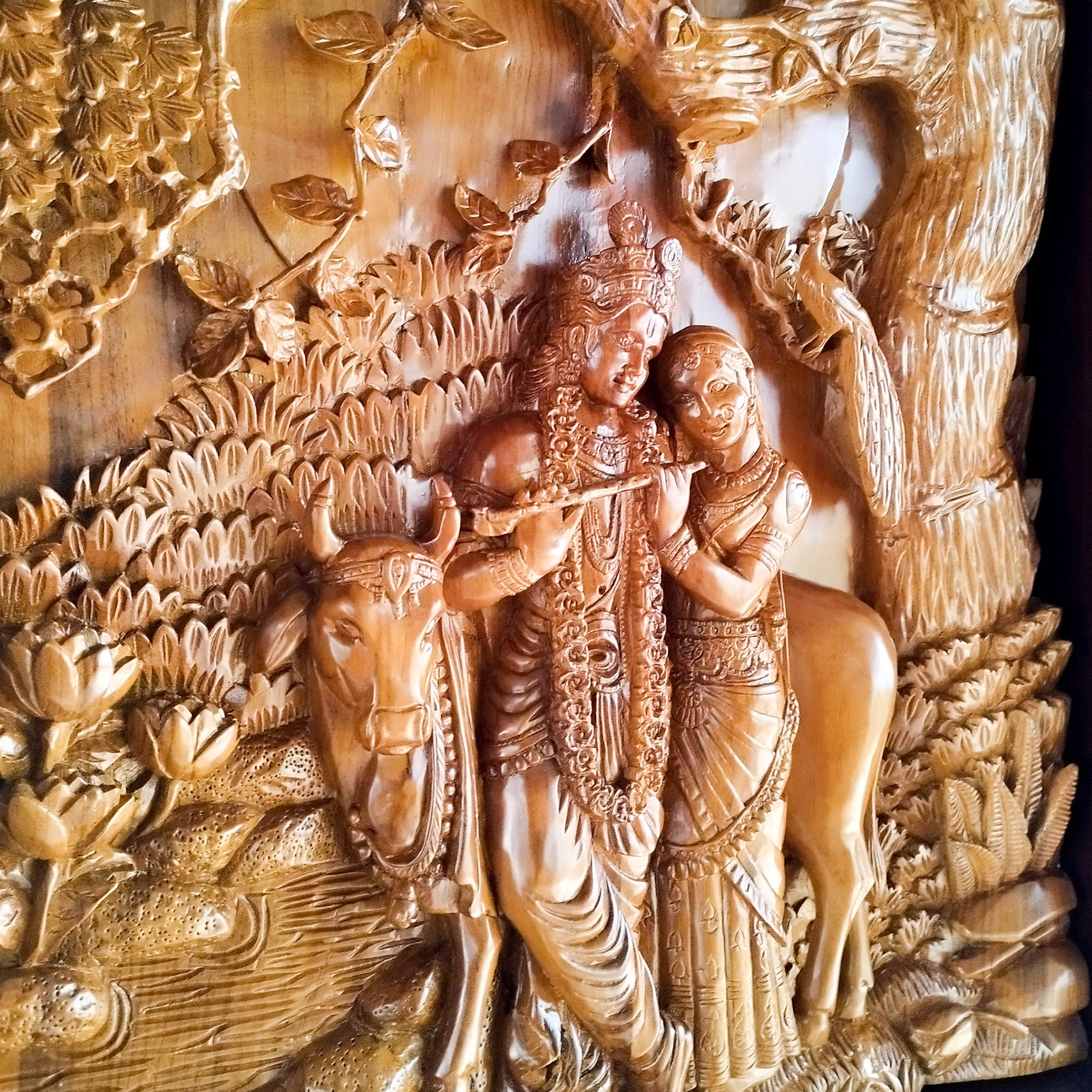 Radha Krishna Vrindavan Hindu Mandir - Hand Carved Teakwood Decorative Wall Art Sculpture