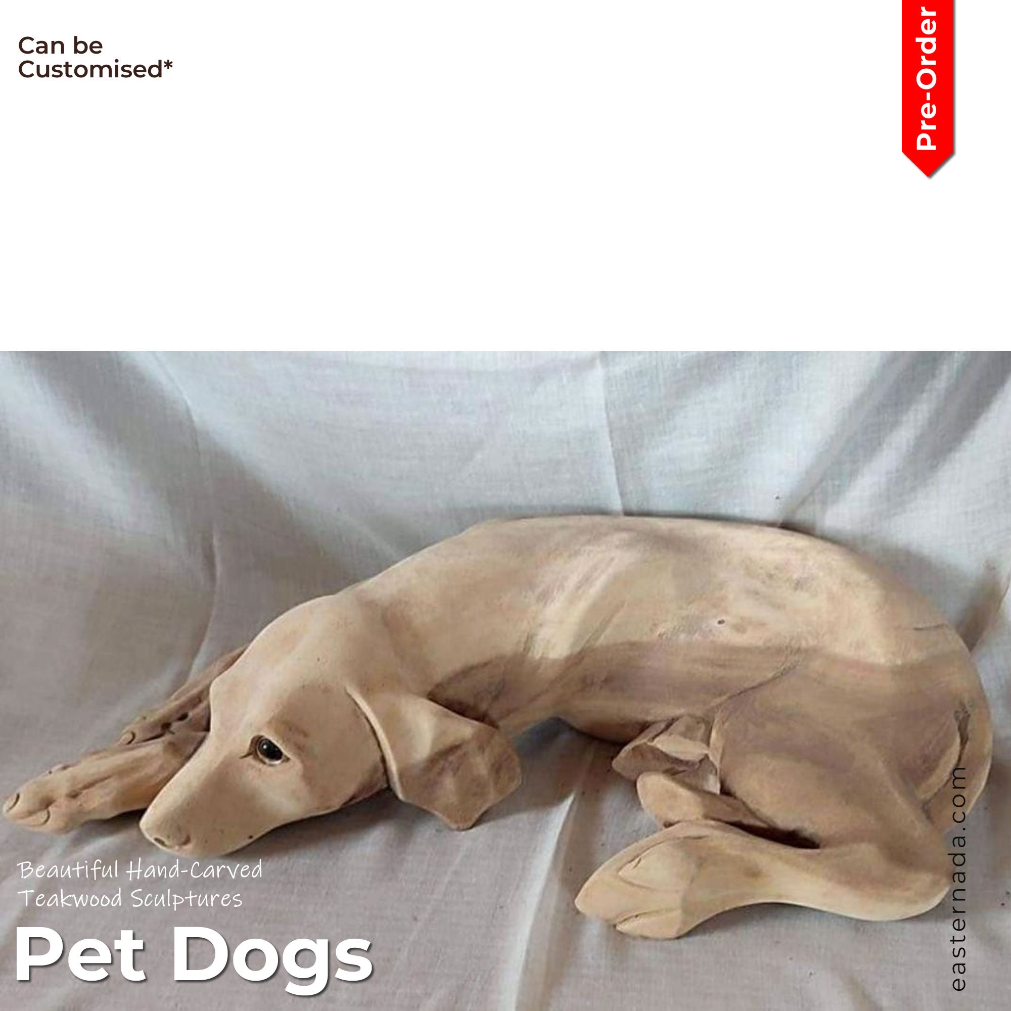 Custom hand-carved teakwood dog portrait of a Golden Retriever; bespoke 3D pet sculpture from a photo.