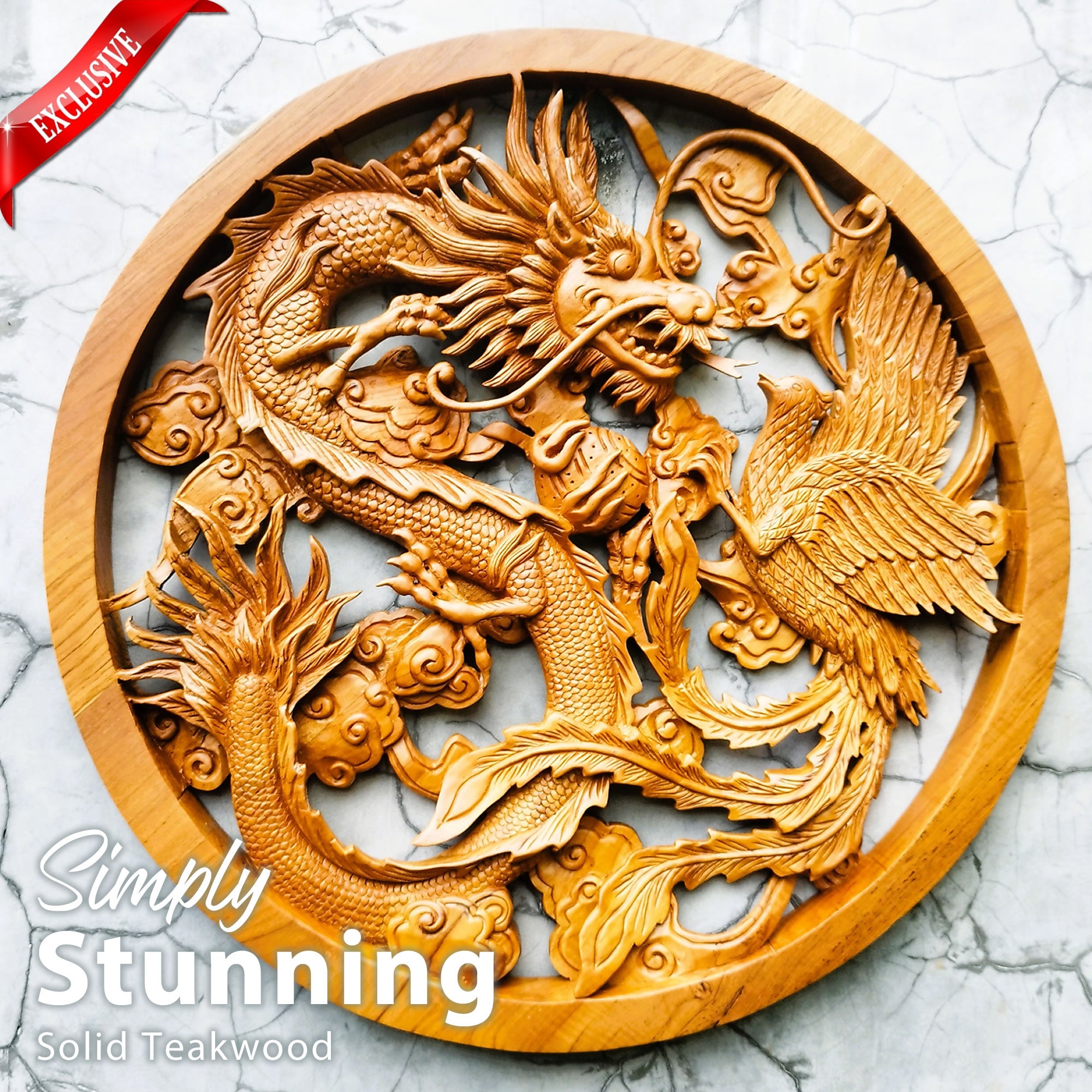 Front view of a 50cm circular hand-carved teakwood Dragon and Phoenix wall sculpture, symbolizing Yin and Yang harmony.