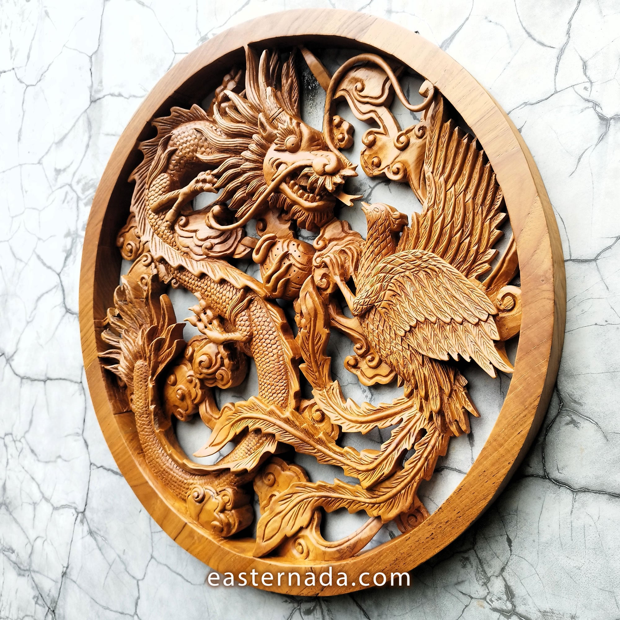 Side profile of the 4cm thick solid wood Dragon and Phoenix carving, showing the deep 3D relief layers and artisan chisel marks.