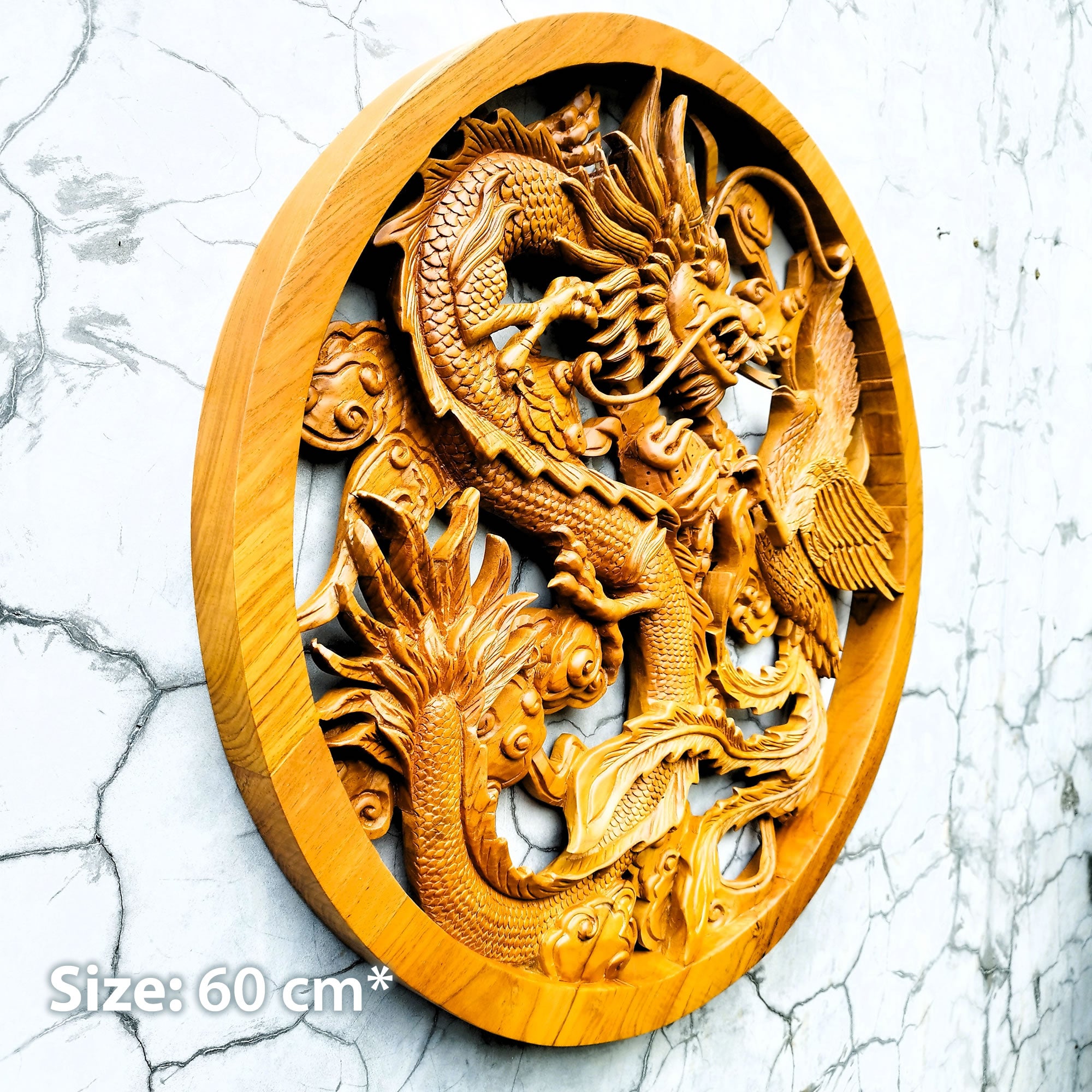 Side profile of the 4cm thick solid wood Dragon and Phoenix carving, showing the deep 3D relief layers and artisan chisel marks.
