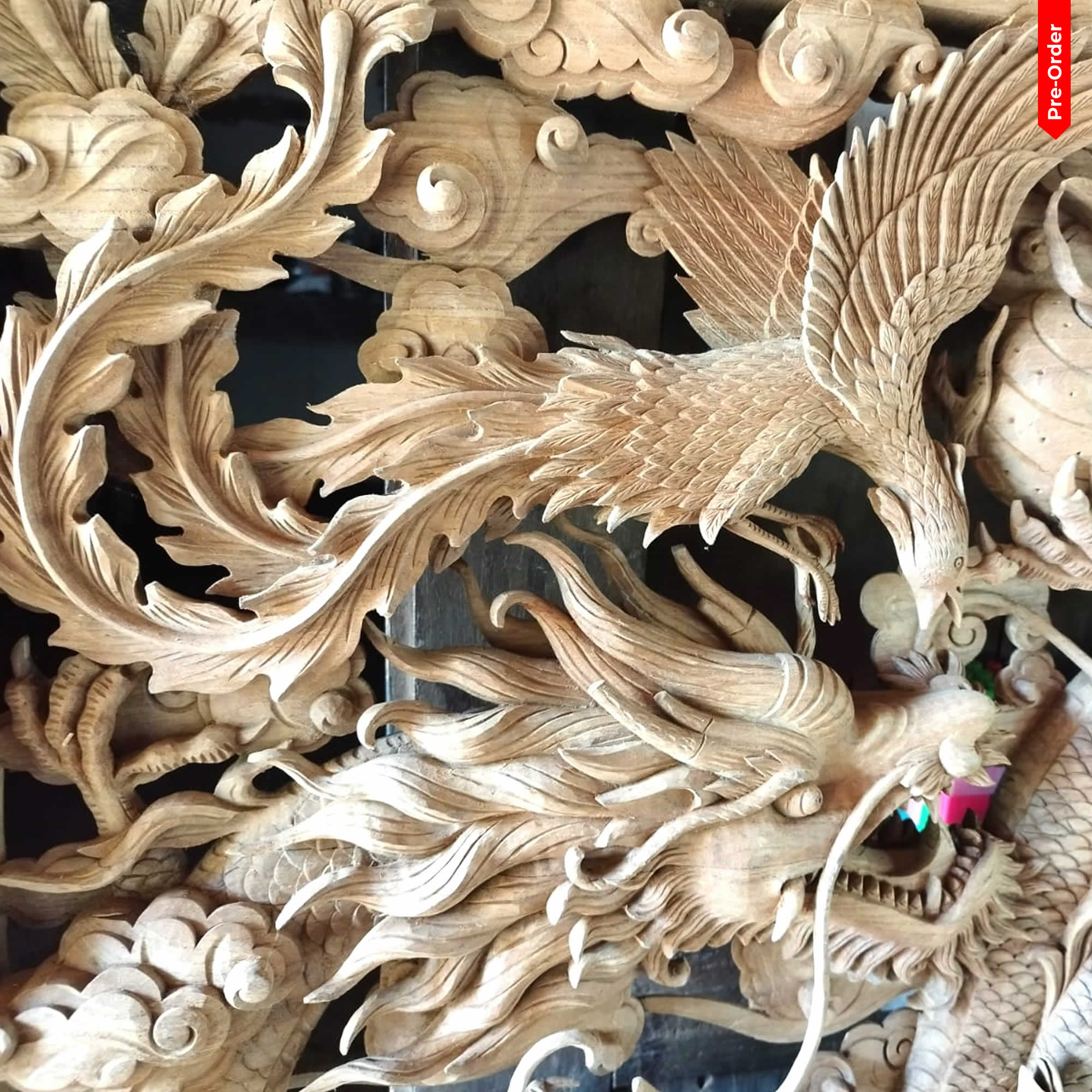 Pre-Order: Large Hand-Carved Teakwood Decorative Sculpture Wall Art Dragon Phoenix