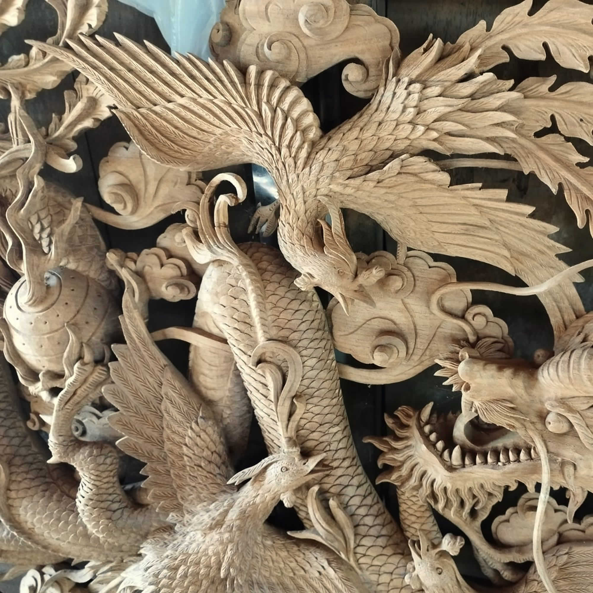 Pre-Order: Large Hand-Carved Teakwood Decorative Sculpture Wall Art Dragon Phoenix
