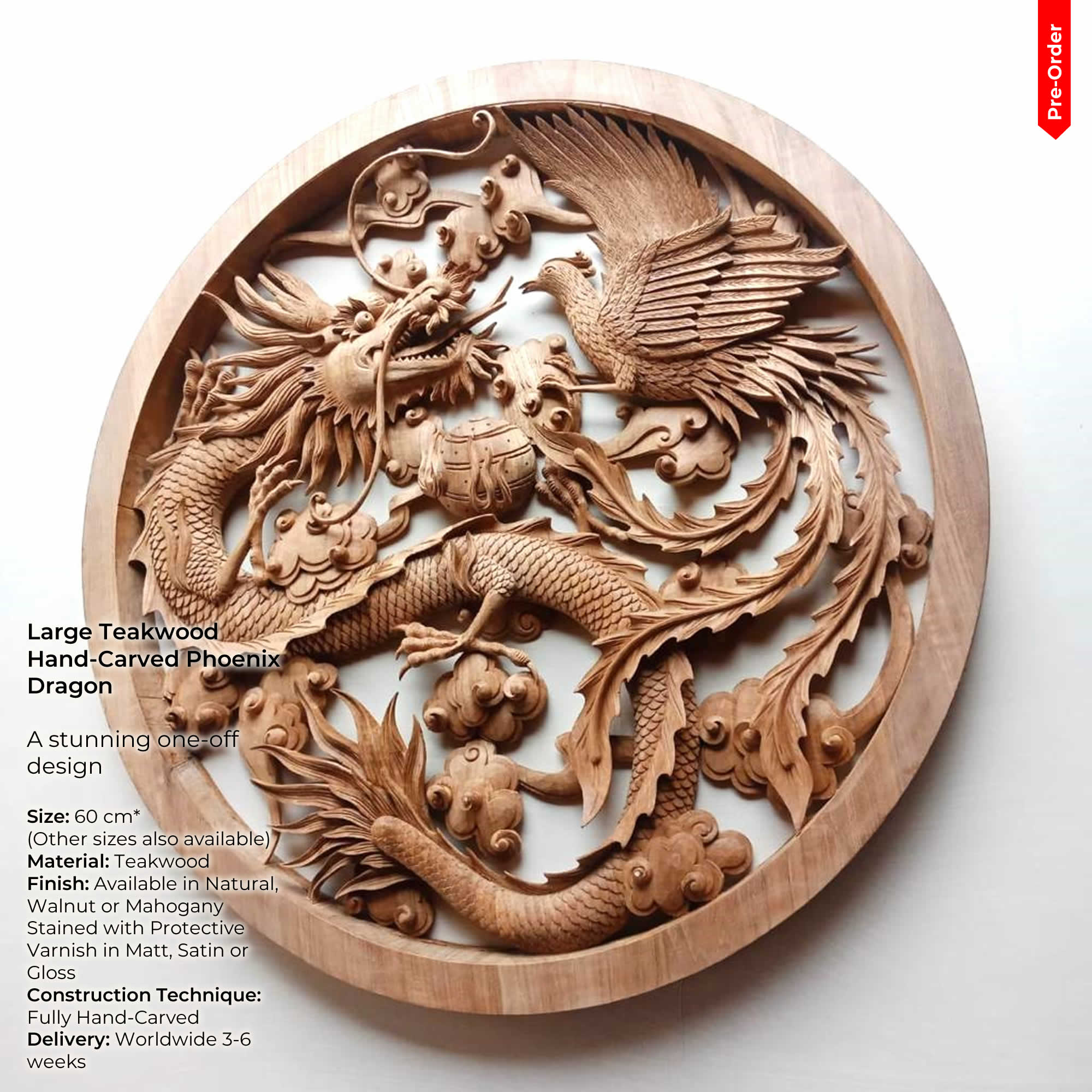 Easternada hand-carved teakwood Dragon and Phoenix 3D wall art, traditional Chinese harmony symbol wood carving