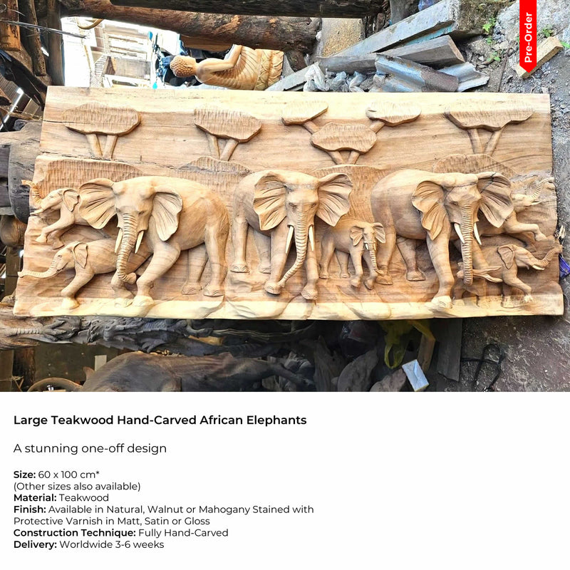 Pre-Order: Large Hand-Carved Teakwood Decorative Sculpture Wall Art Elephants