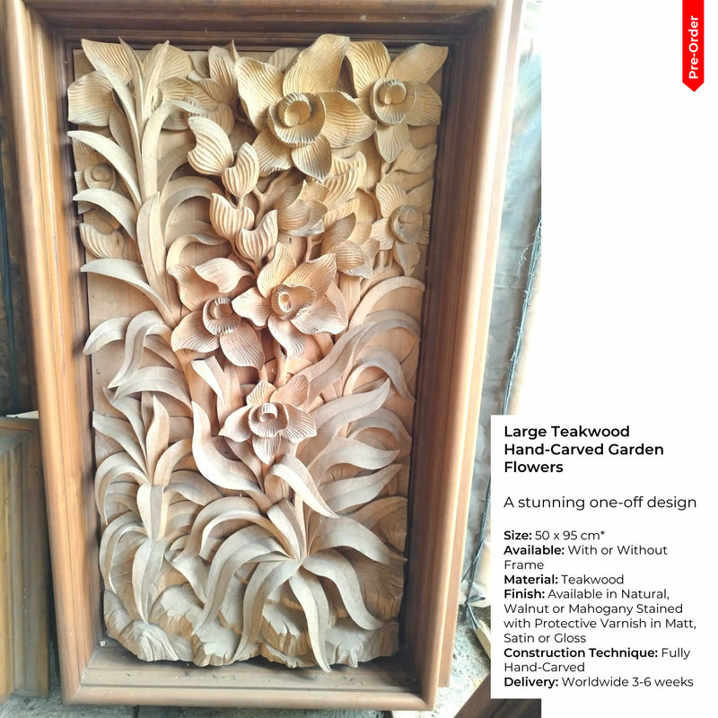 Pre-Order: Large Hand-Carved Teakwood Decorative Sculpture Wall Art Garden Flowers