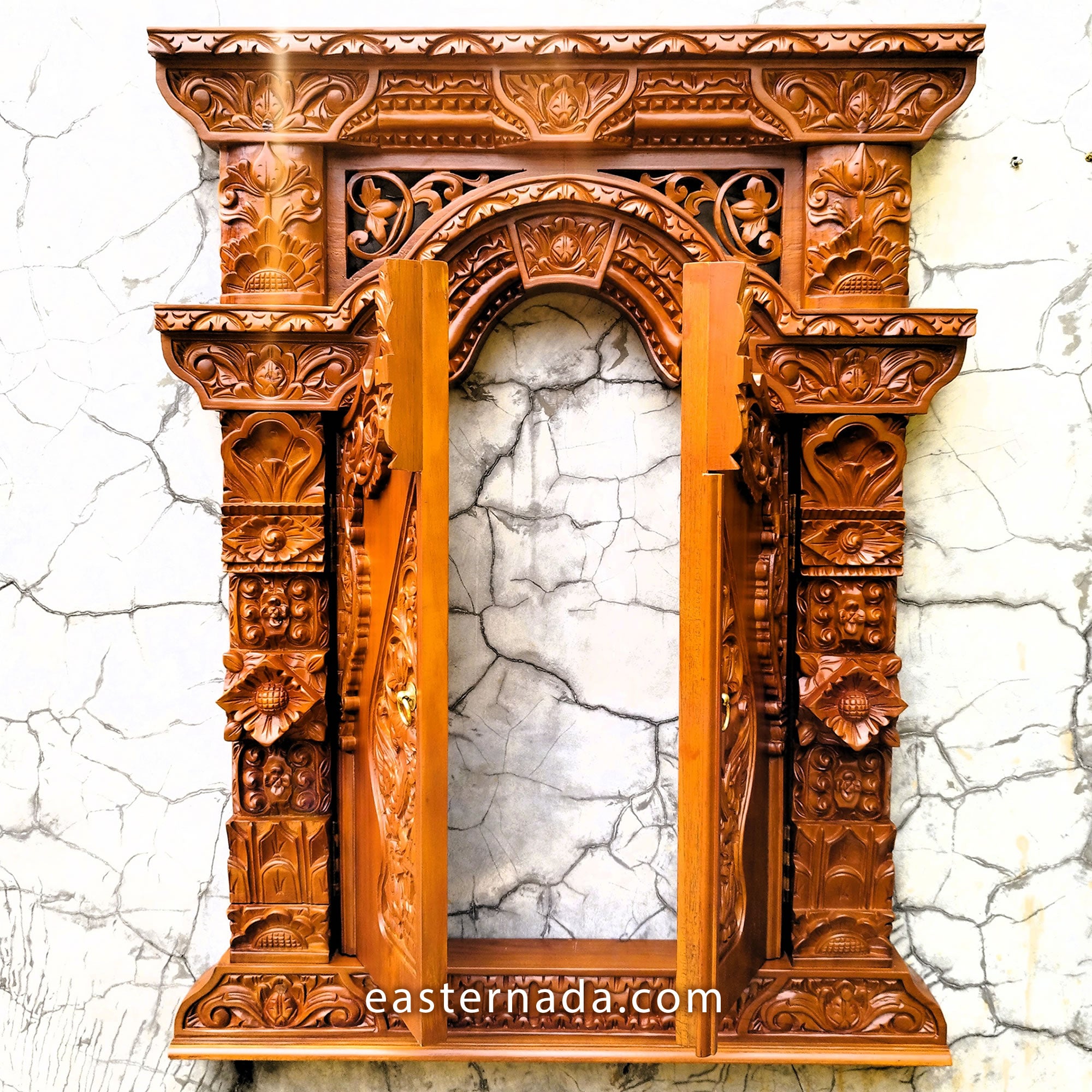 Full view of the teakwood Gebyok sculpture with doors open, highlighting the functional hinges and deep 3D relief carving