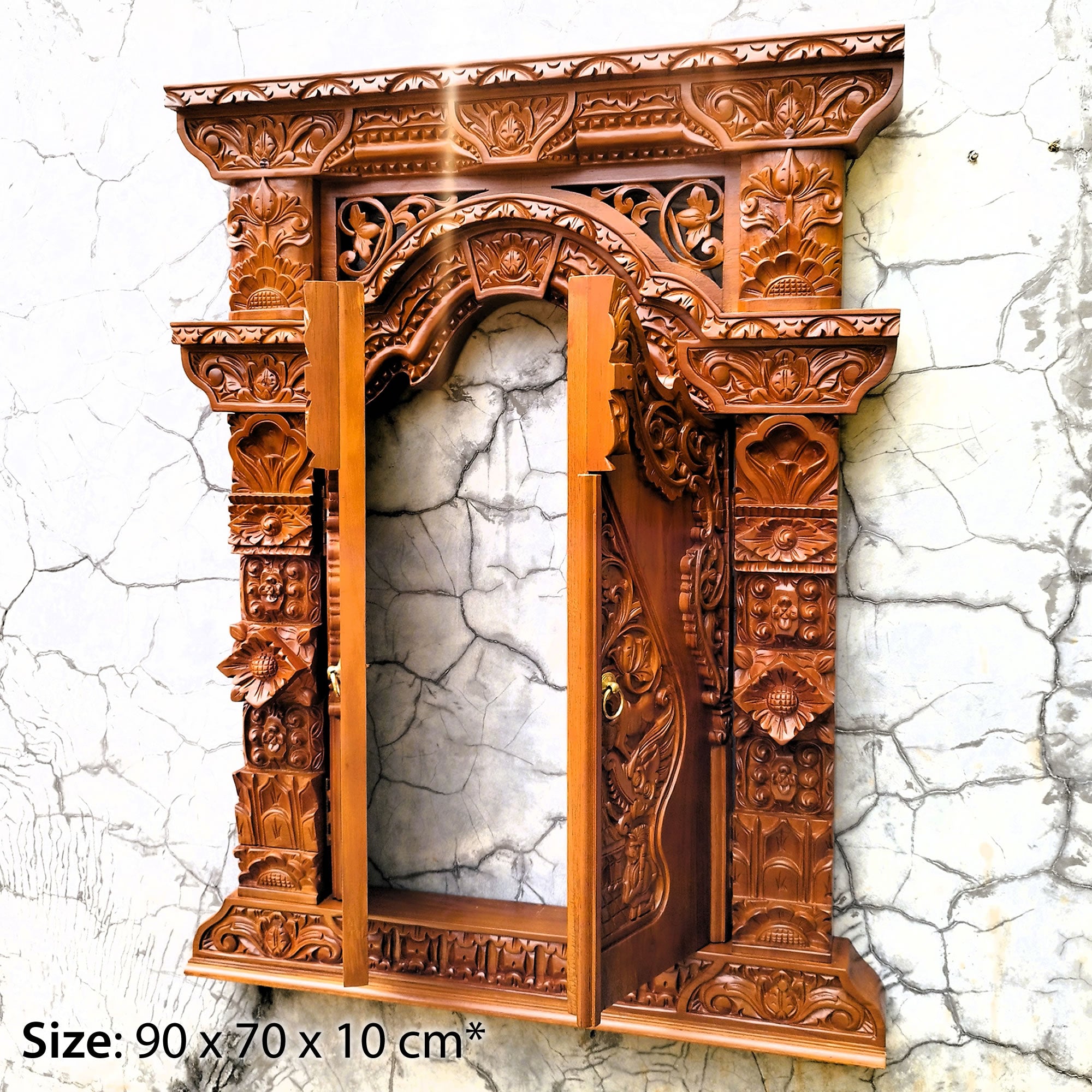 Full view of the teakwood Gebyok sculpture with doors open, highlighting the functional hinges and deep 3D relief carving