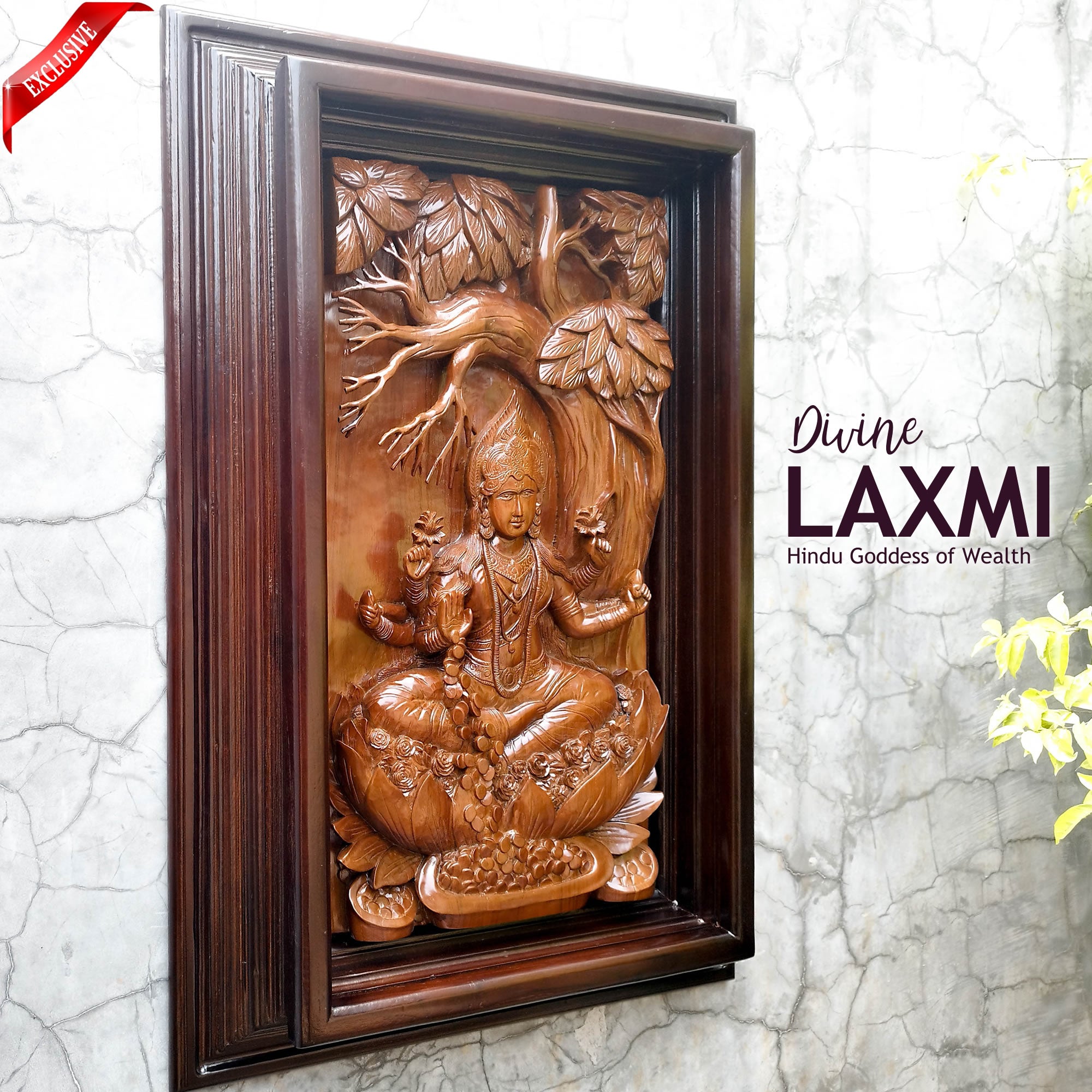 Hindu Goddess Laxmi Hand-Carved Teakwood Decorative Sculpture Mandir Wall Art