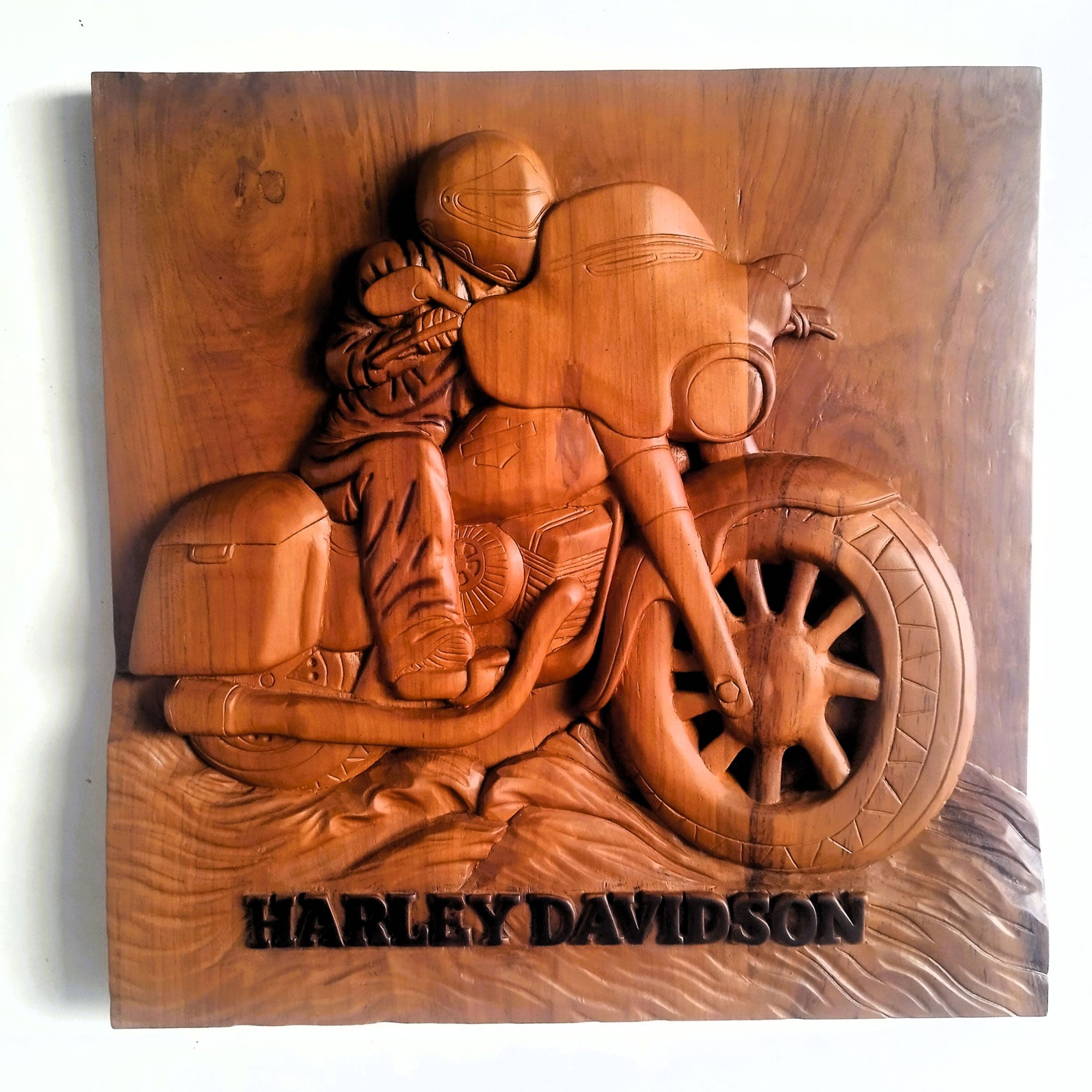 50cm square hand-carved solid teakwood wall art depicting a rider on a classic V-twin motorcycle