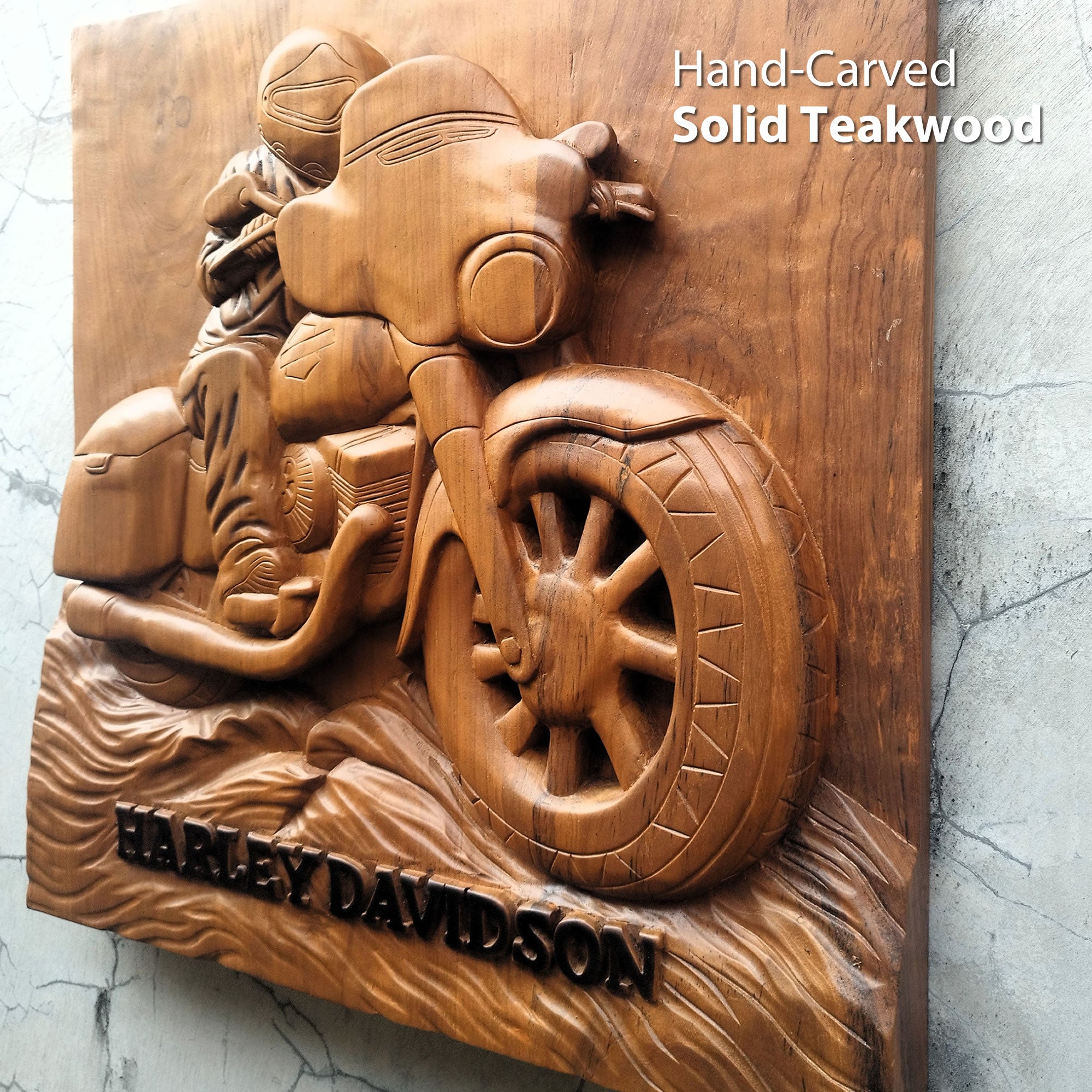 50cm square hand-carved solid teakwood wall art depicting a rider on a classic V-twin motorcycle