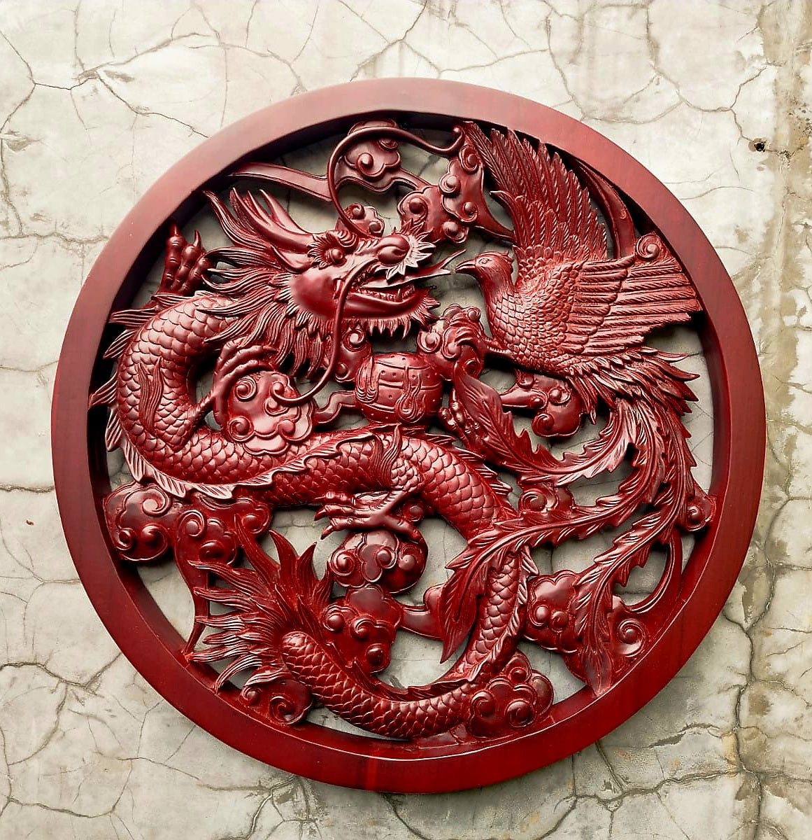 Easternada hand-carved teakwood Dragon and Phoenix 3D wall art, traditional Chinese harmony symbol wood carving