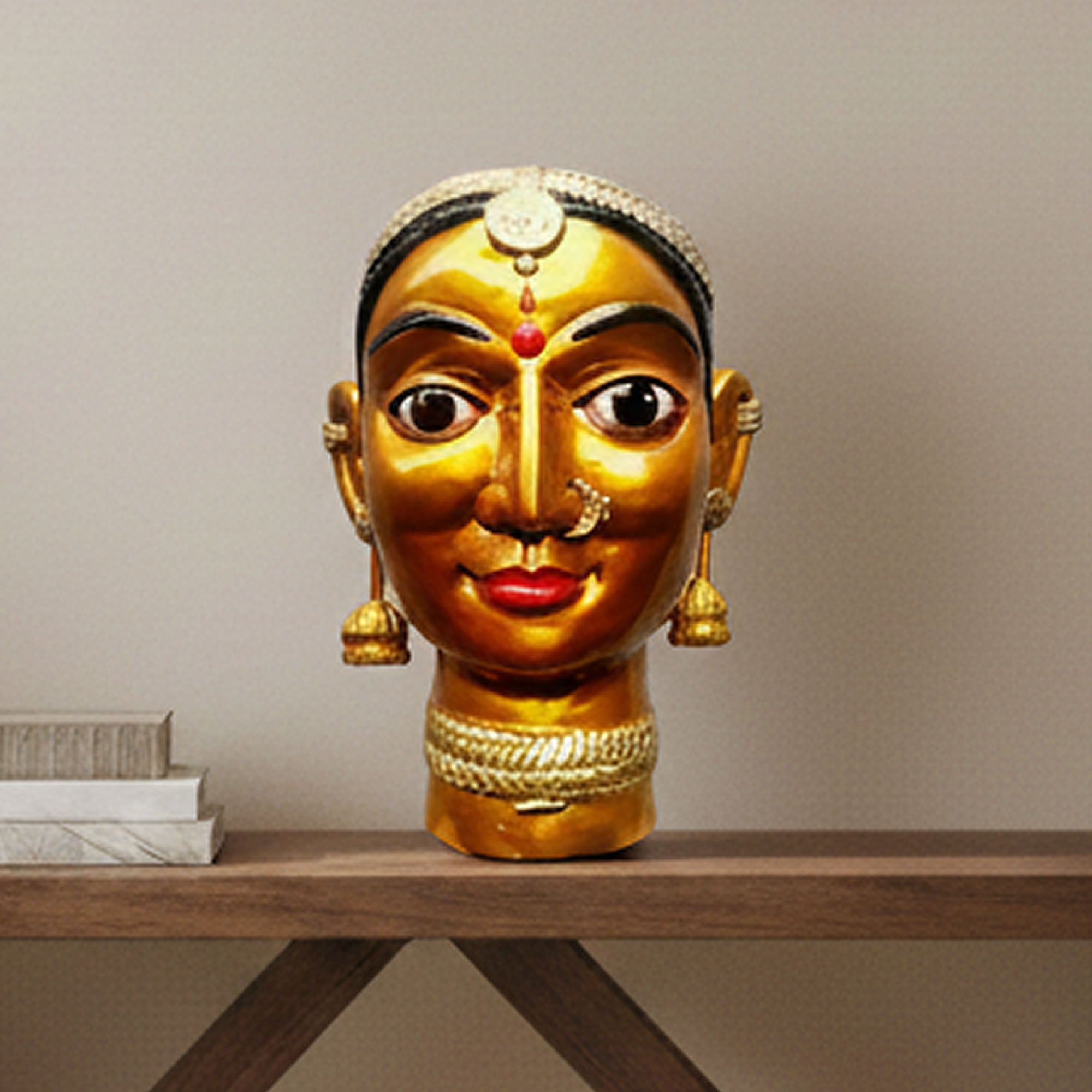 Hand-Carved Solid Teakwood Gauri Head – Traditional Indian Goddess Sculpture