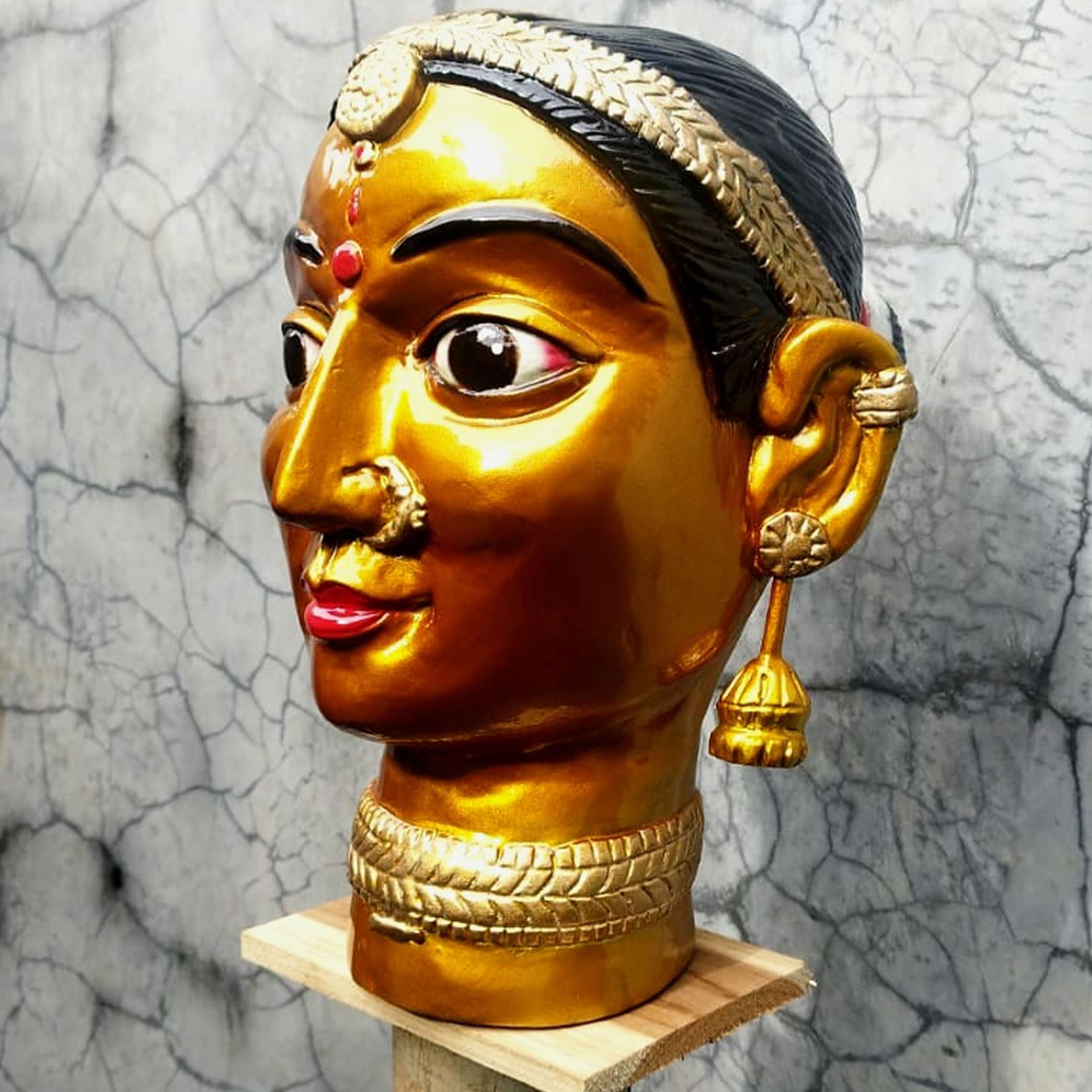 Hand-Carved Solid Teakwood Gauri Head – Traditional Indian Goddess Sculpture
