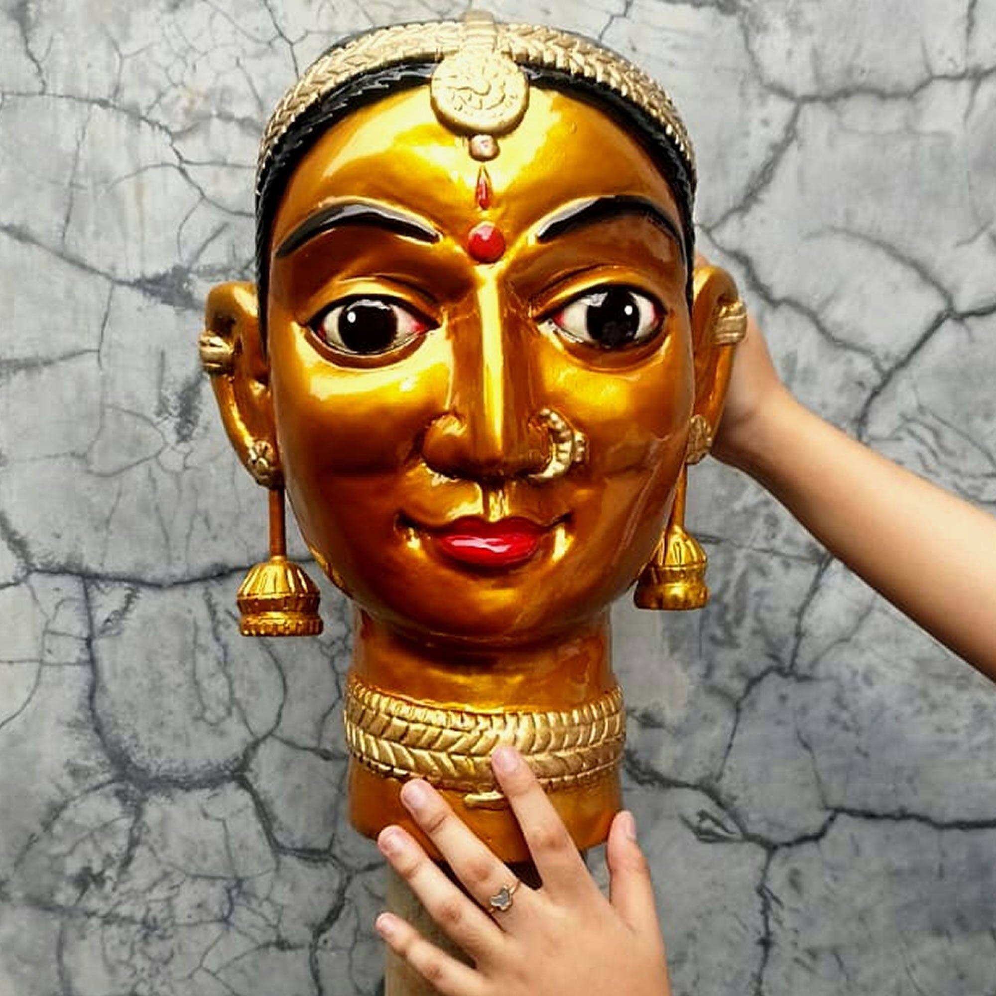 Hand-Carved Solid Teakwood Gauri Head – Traditional Indian Goddess Sculpture