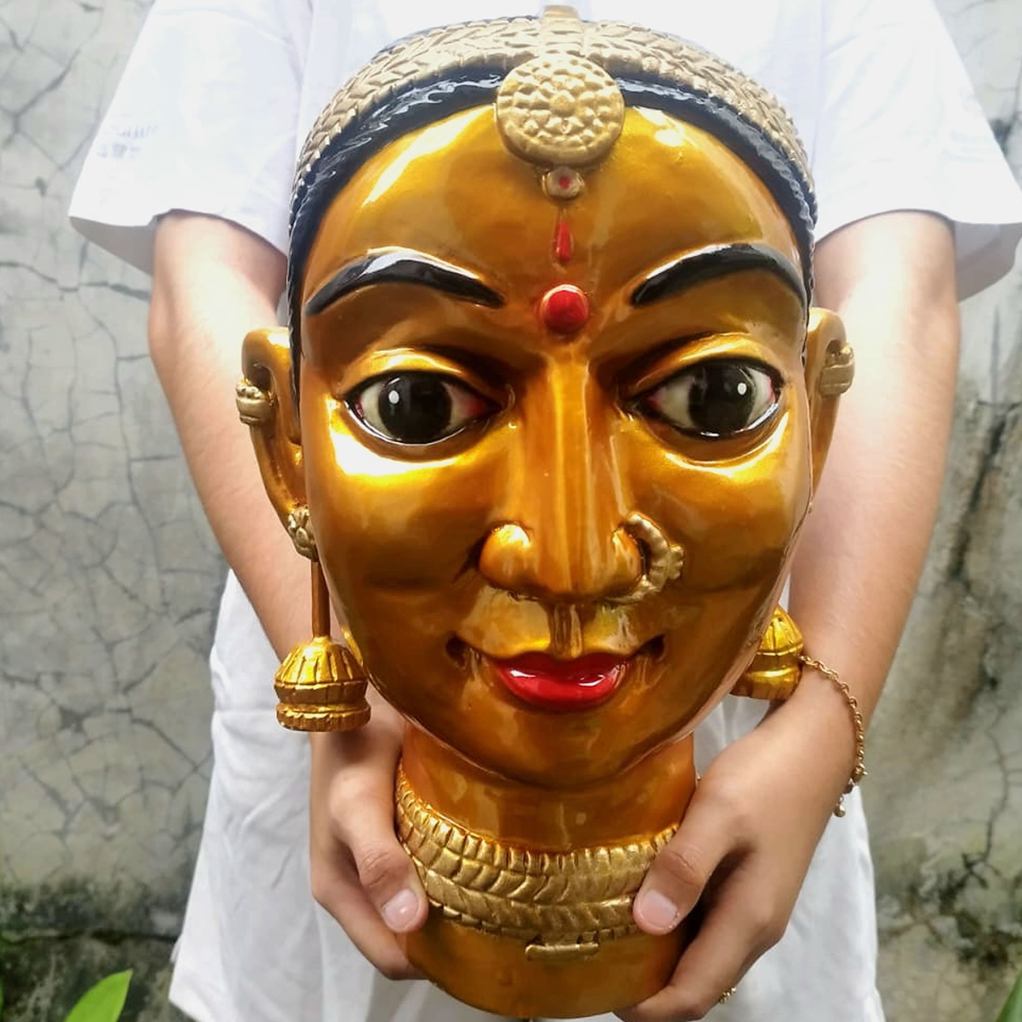 Hand-Carved Solid Teakwood Gauri Head – Traditional Indian Goddess Sculpture