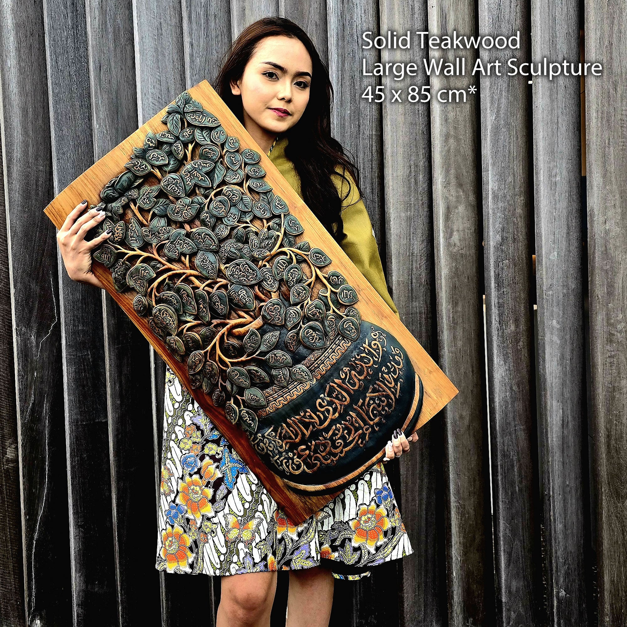 Hand-carved solid teakwood wall art featuring Asmaul Husna (99 Names of Allah) in 3D Arabic calligraphy, luxury Islamic home decor