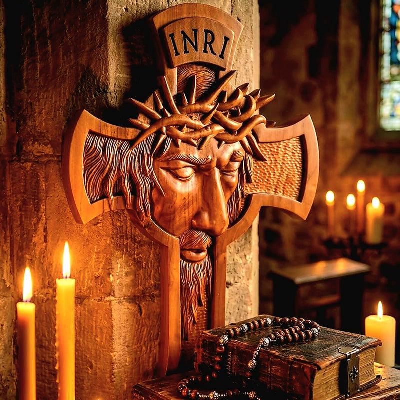 A carved wooden religious wall cross featuring a face with a crown of thorns and the inscription INRI, displayed against a stone wall with lit candles and an old book in a warm indoor setting.