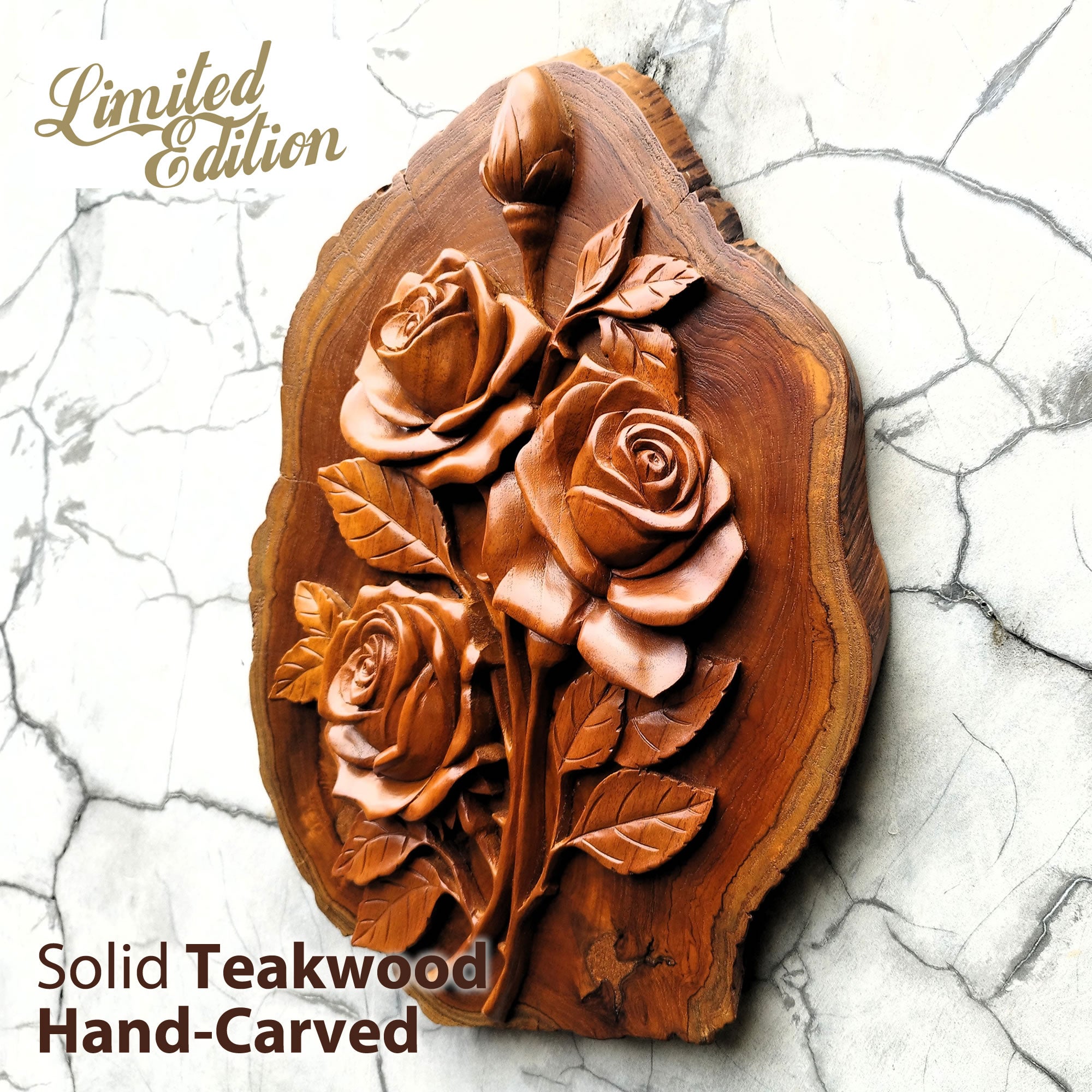 Side view of hand-carved teakwood roses sculpture highlighting the 3D relief carving and the thickness of the solid wood on a gallery wall