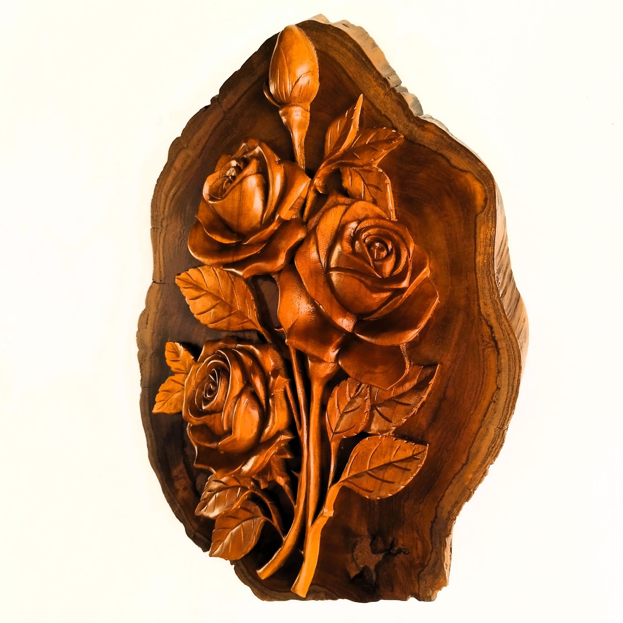 Front view of a hand-carved solid teakwood rose bouquet wall art, showing intricate floral detailing and the natural wood grain of the 40cm sculpture