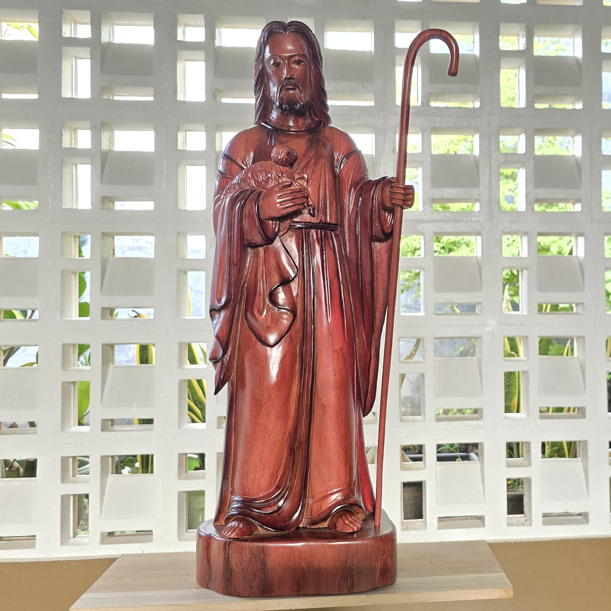 Teakwood rare Jesus shepherd statue decorative sculpture