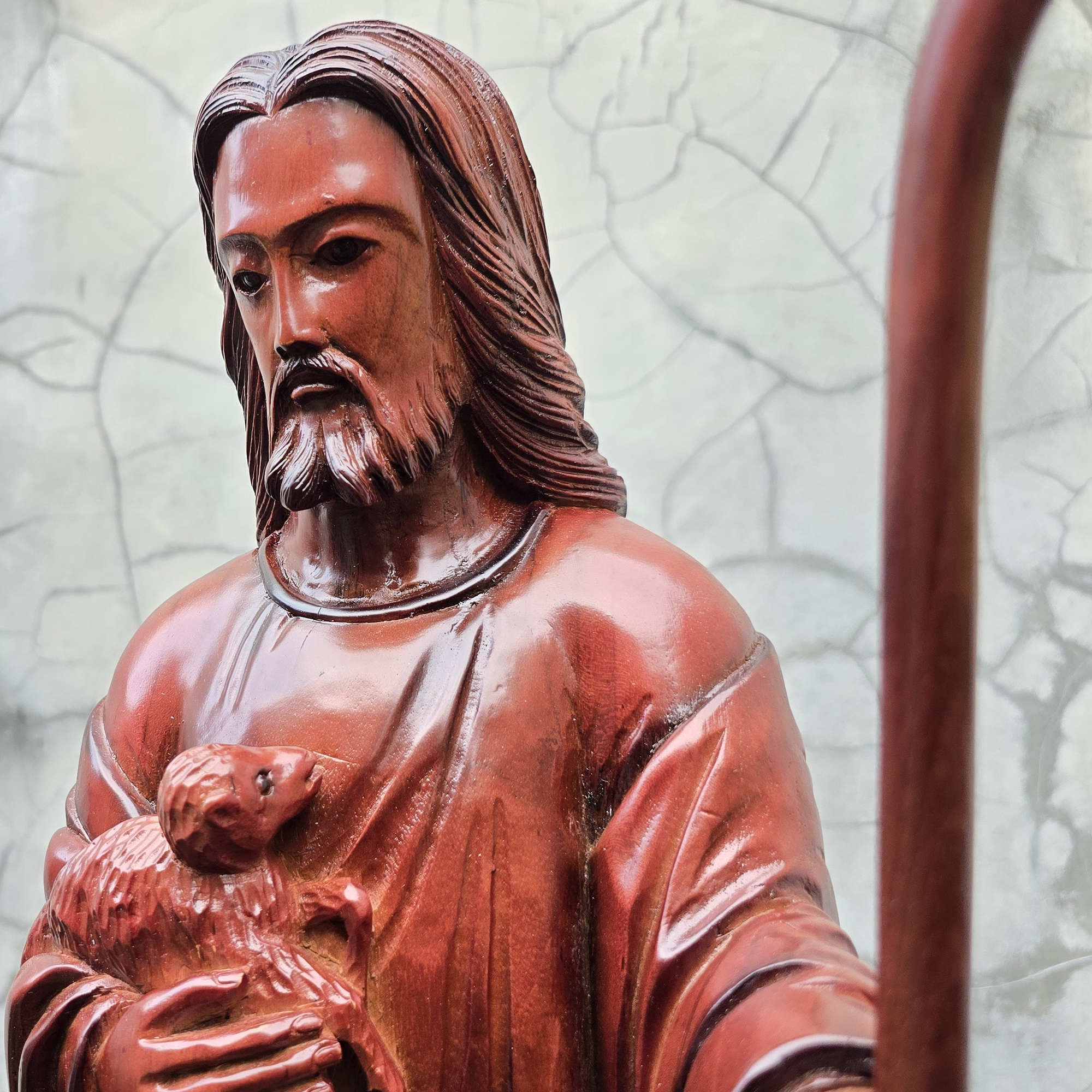Wooden statue of Jesus Christ sheep shepherd, holding a sheep sculpture, decorative, unique, and rare