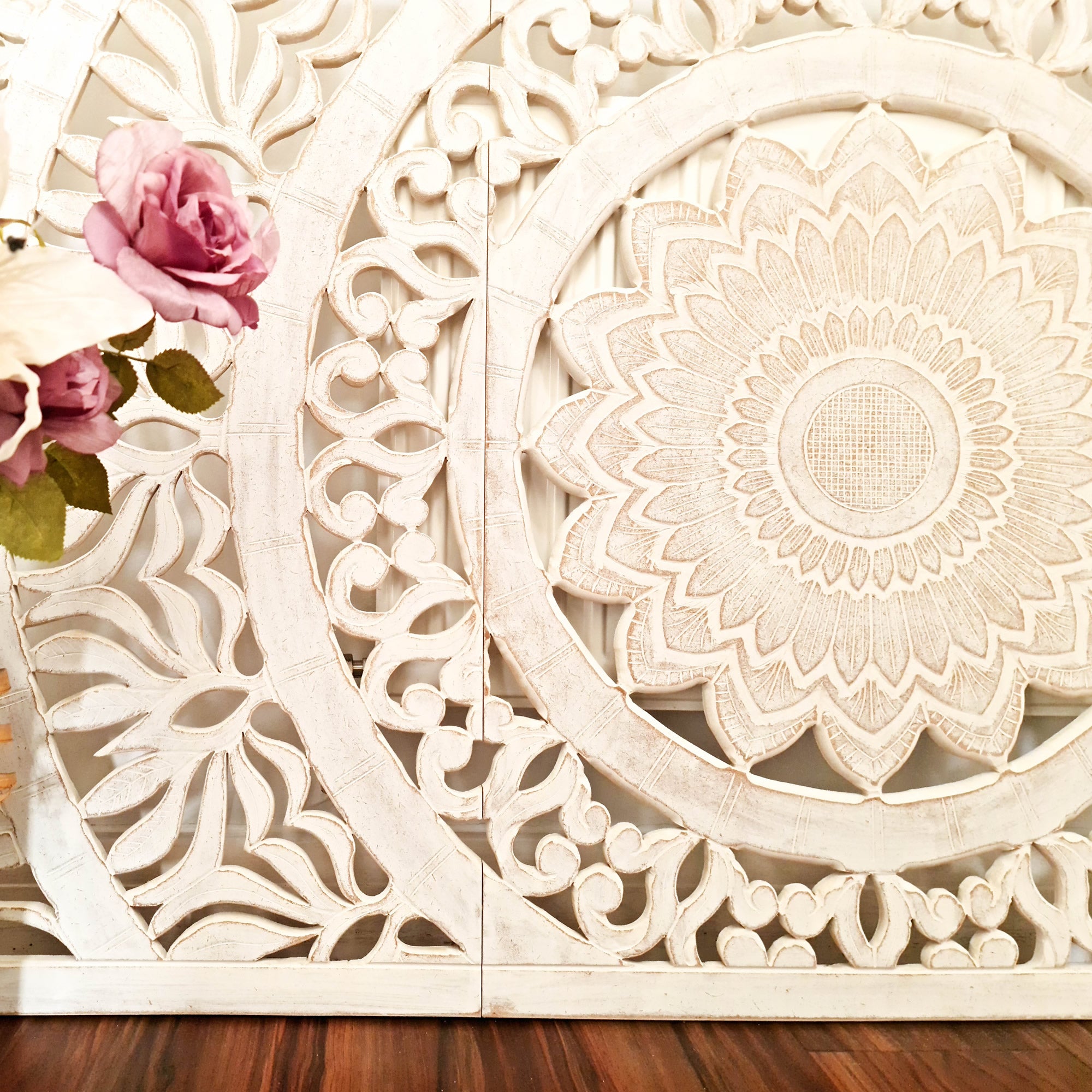 Hand Carved Wooden Wall Art - Headboard Decorative Large King Mandala Distressed White Bohemian Boho Style Sgabby Chic