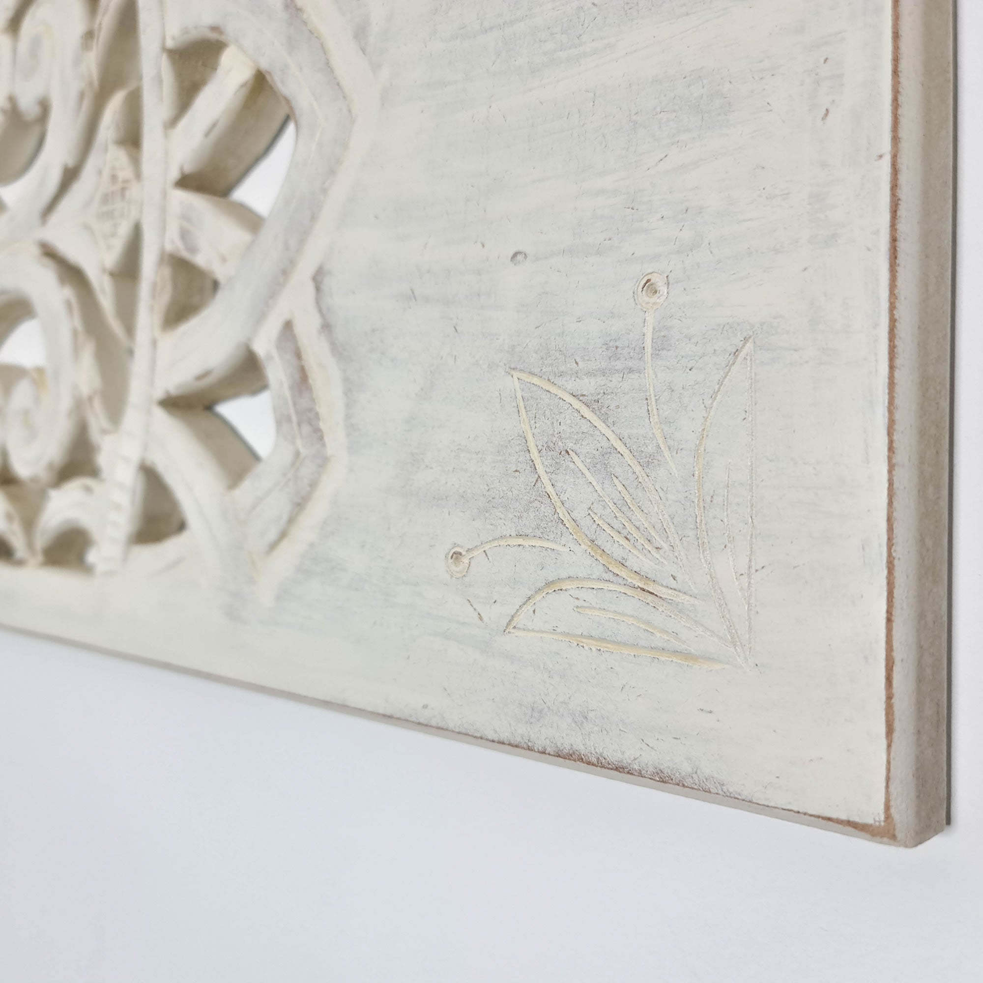 Hand Carved Wooden Wall Art - Distressed White Decorative Mandala Yoga Panel