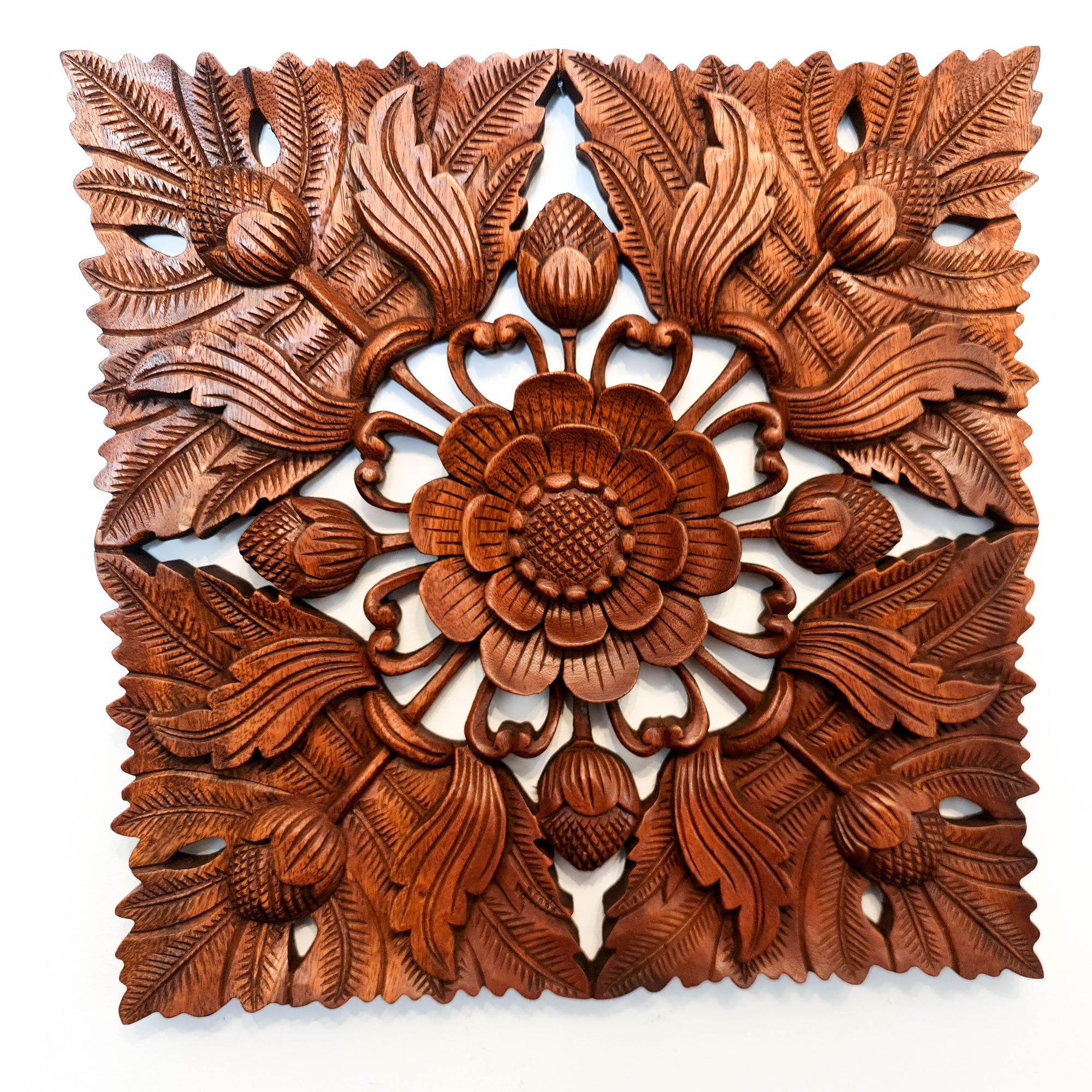 Wild Lotus Flower Carved Wooden Hand Carved Decorative Panel Sculpture Nature Garden plants -Easternada