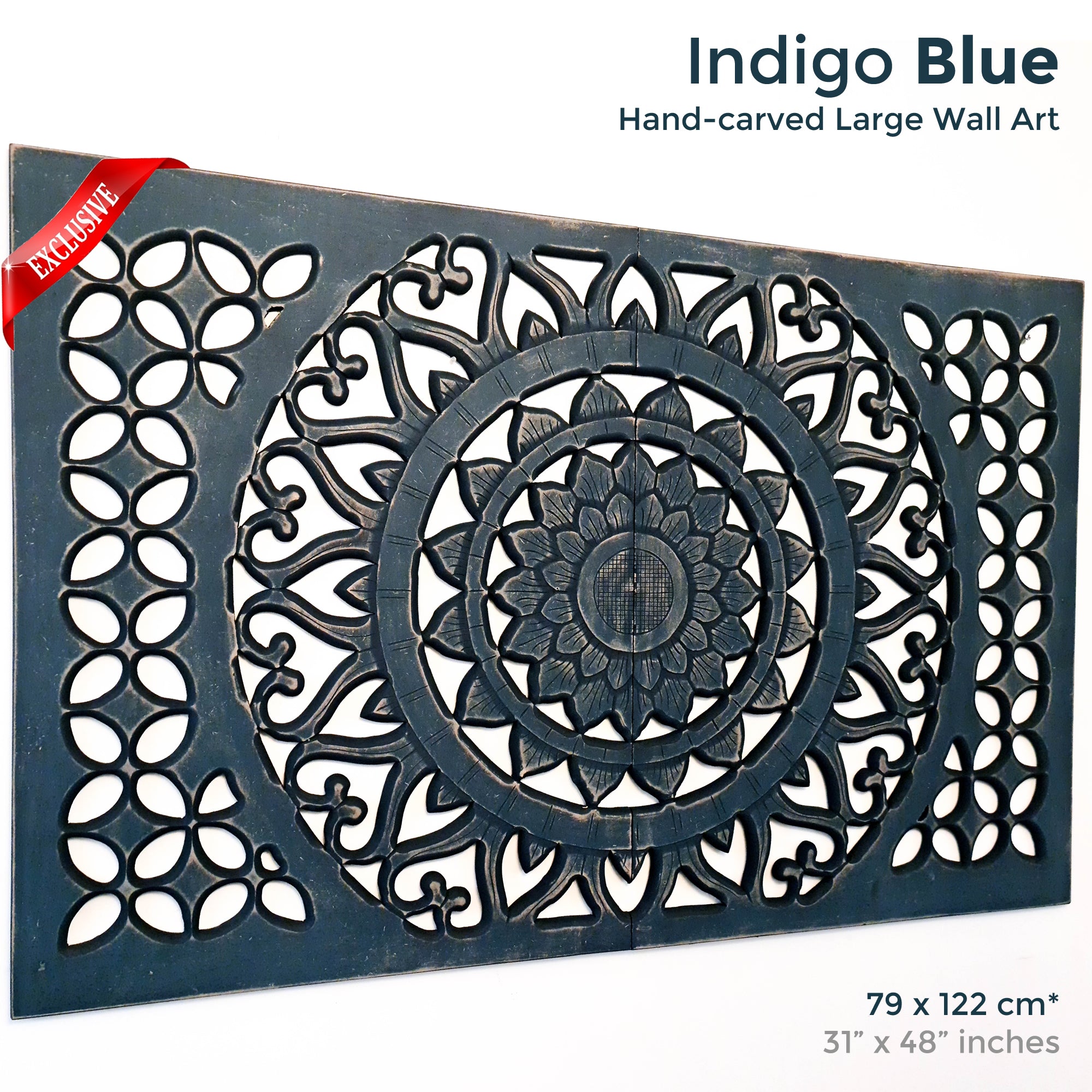Indigo Blue Mandala | Hand-carved Wooden Decorative Wall Art Sculpture Headboard | Easternada